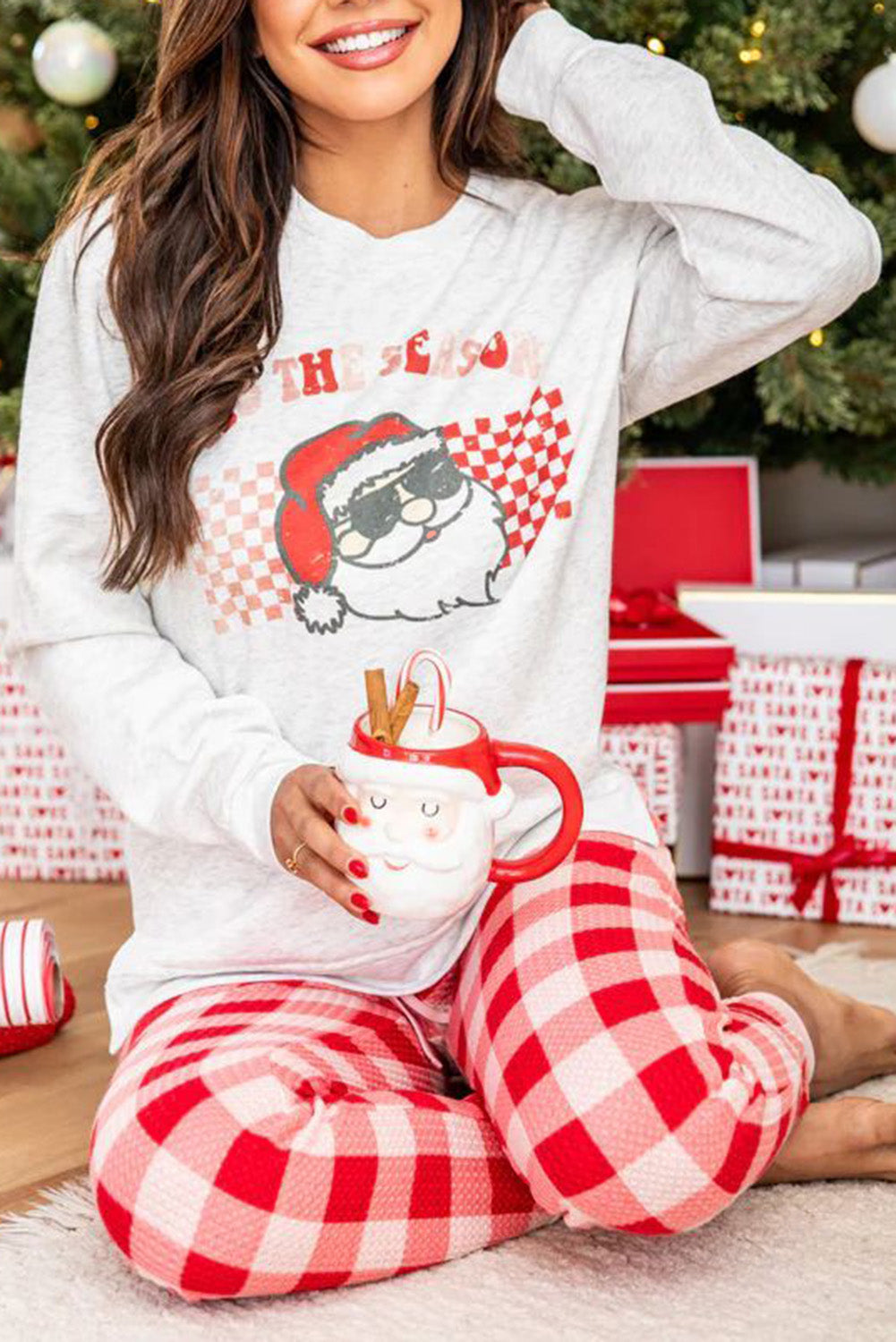 Christmas Claus Graphic Top Plaid Pants Pyjama Set - eAura