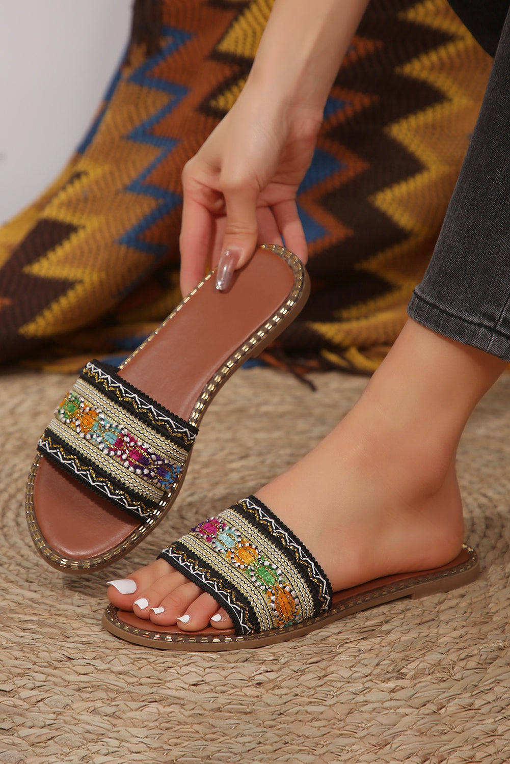 Chestnut Bohemian Pattern Crochet Faux Leather Beach Sandals BB Fashion Outlet