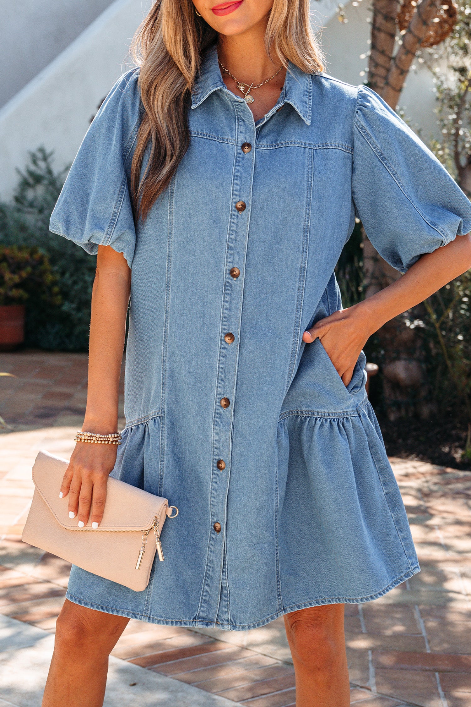 Button Down Puff Sleeve Ruffle Hem Patchwork Denim Mini Dress