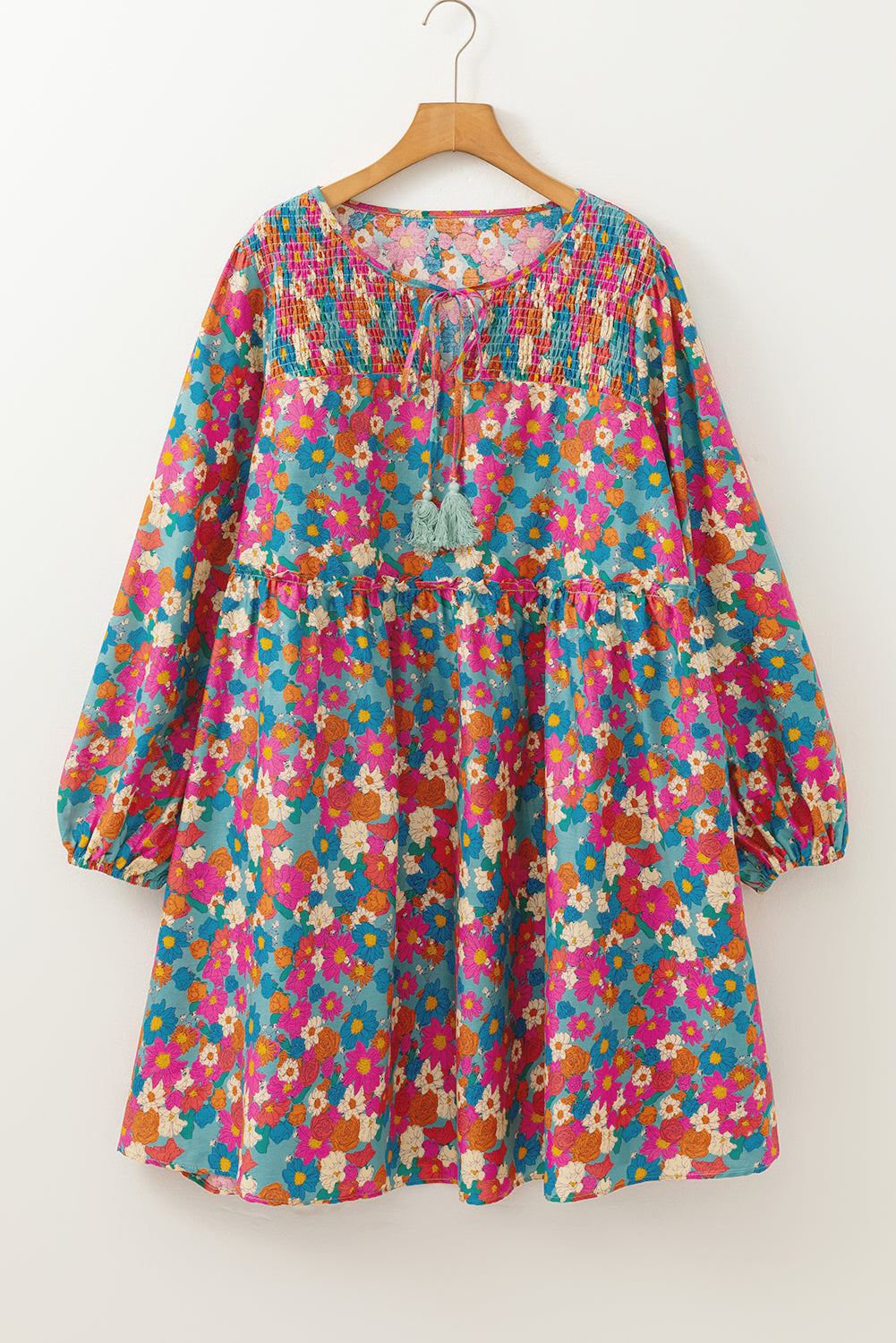 Sky Blue Plus Size Floral Print Shirred Ruffle Tiered Mini Dress BB Fashion Outlet