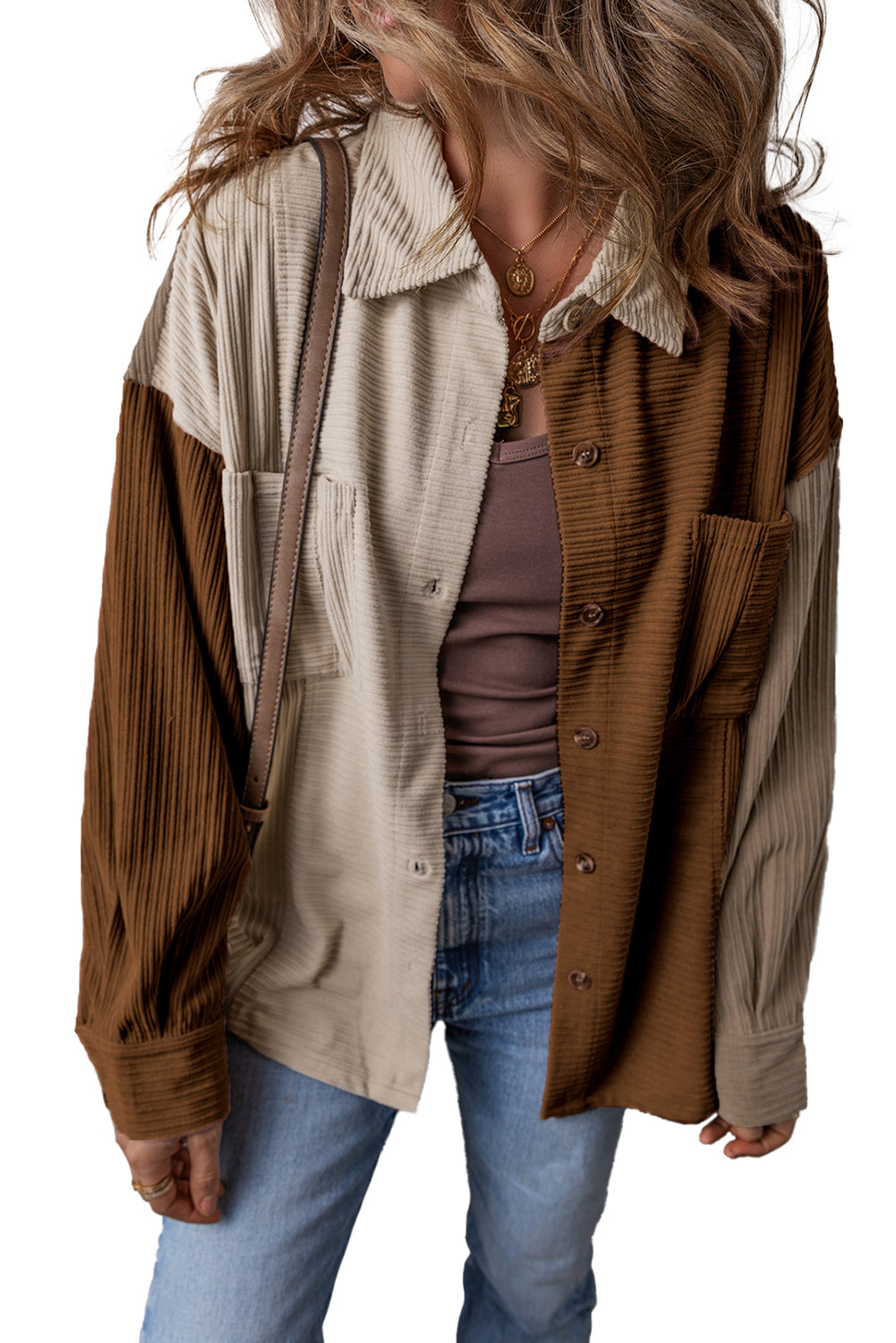 Brown Colour Block Chest Pockets Buttoned Corduroy Shacket Beagle Boutique Fashion Outlet