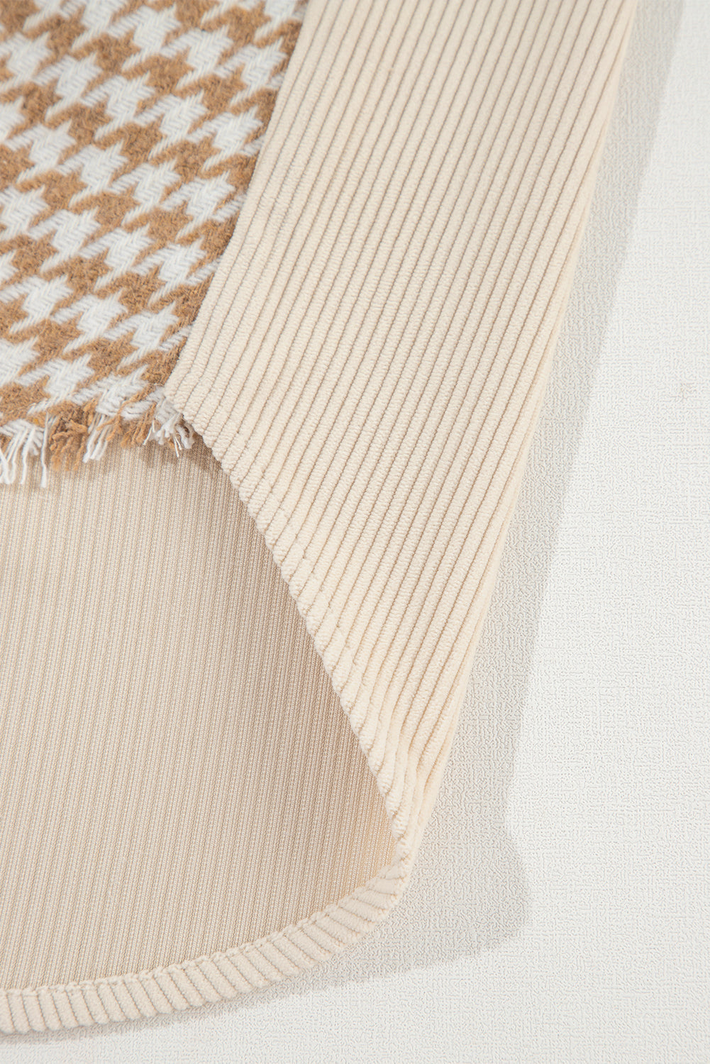 Parchment Houndstooth Corduroy Patchwork Flap Pocket Shacket Beagle Boutique Fashion Outlet