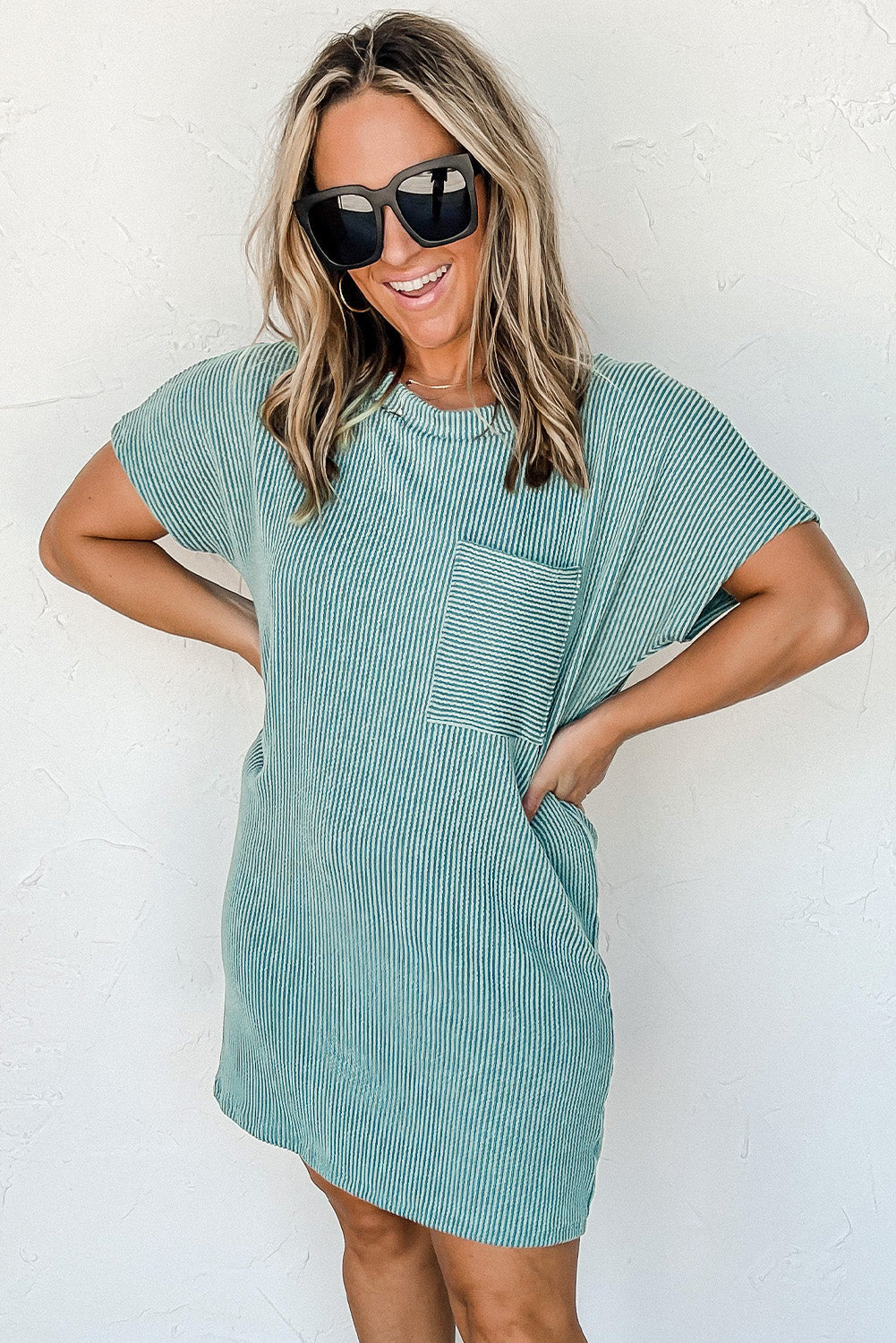 Blue Striped Ribbed Knit T-shirt Shift Dress eAura