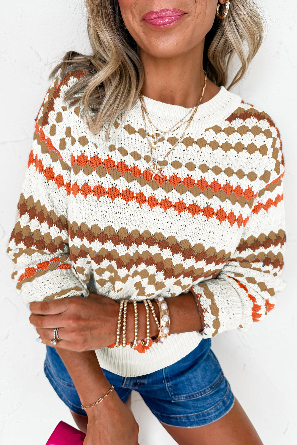Striped Eyelet Patterned Drop Shoulder Knit Sweater - eAura