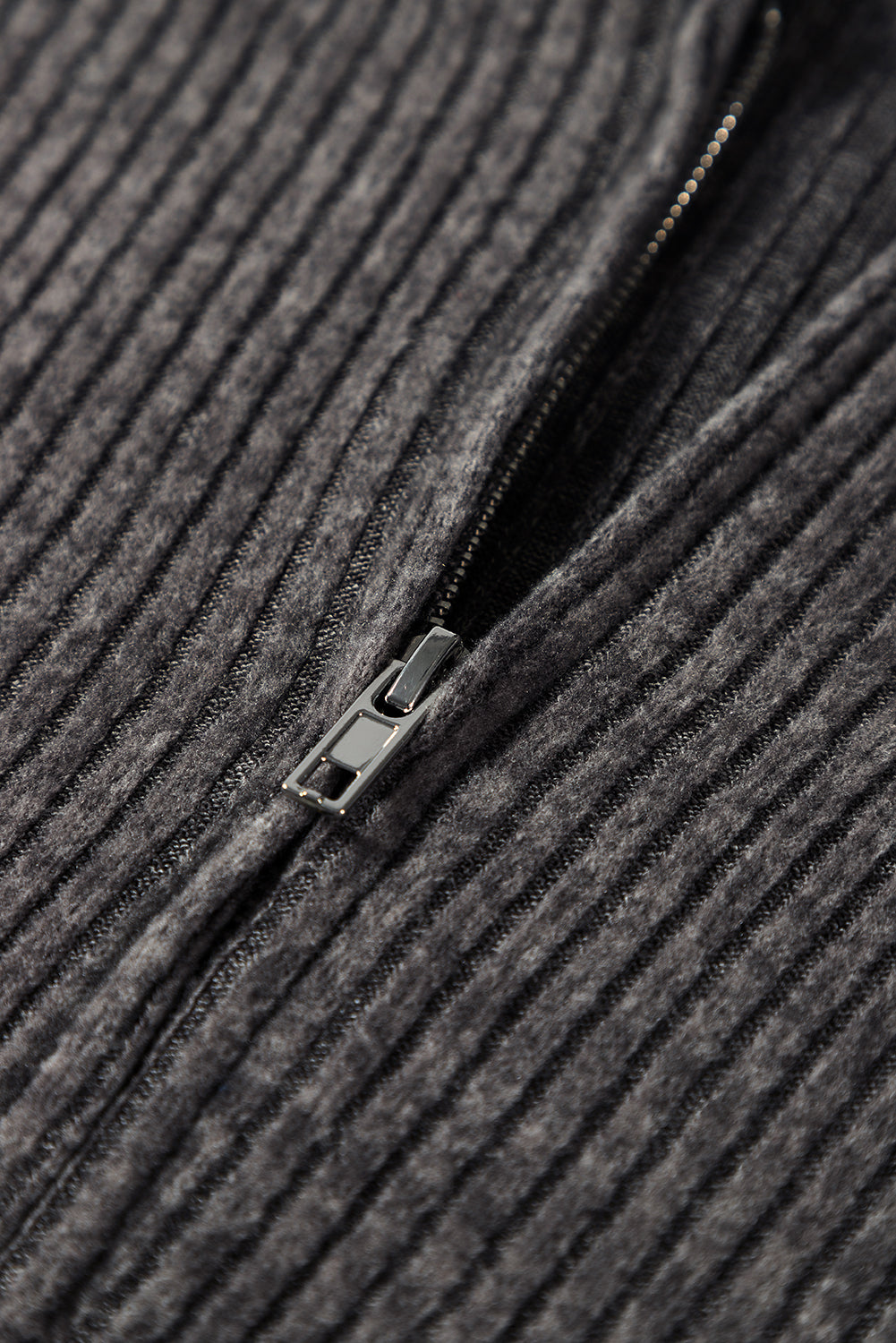 Dark Grey Ribbed Zip Up Front Drawstring Hoodie Beagle Boutique Fashion Outlet