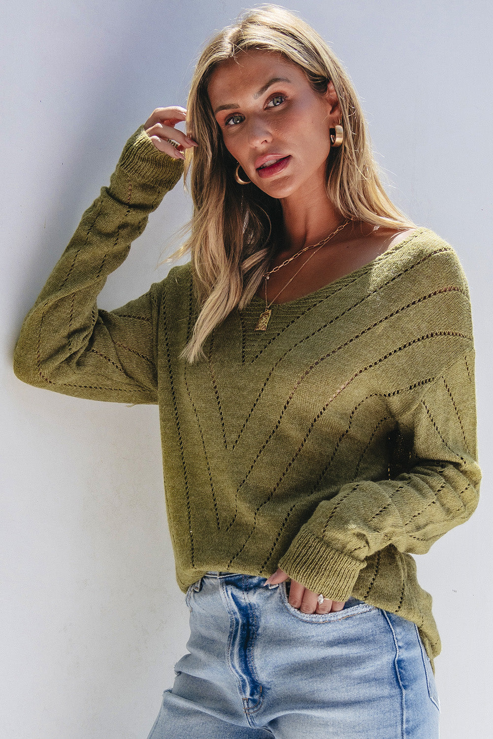 Sage Green Solid Eyelet Drop Shoulder V Neck Sweater eAura