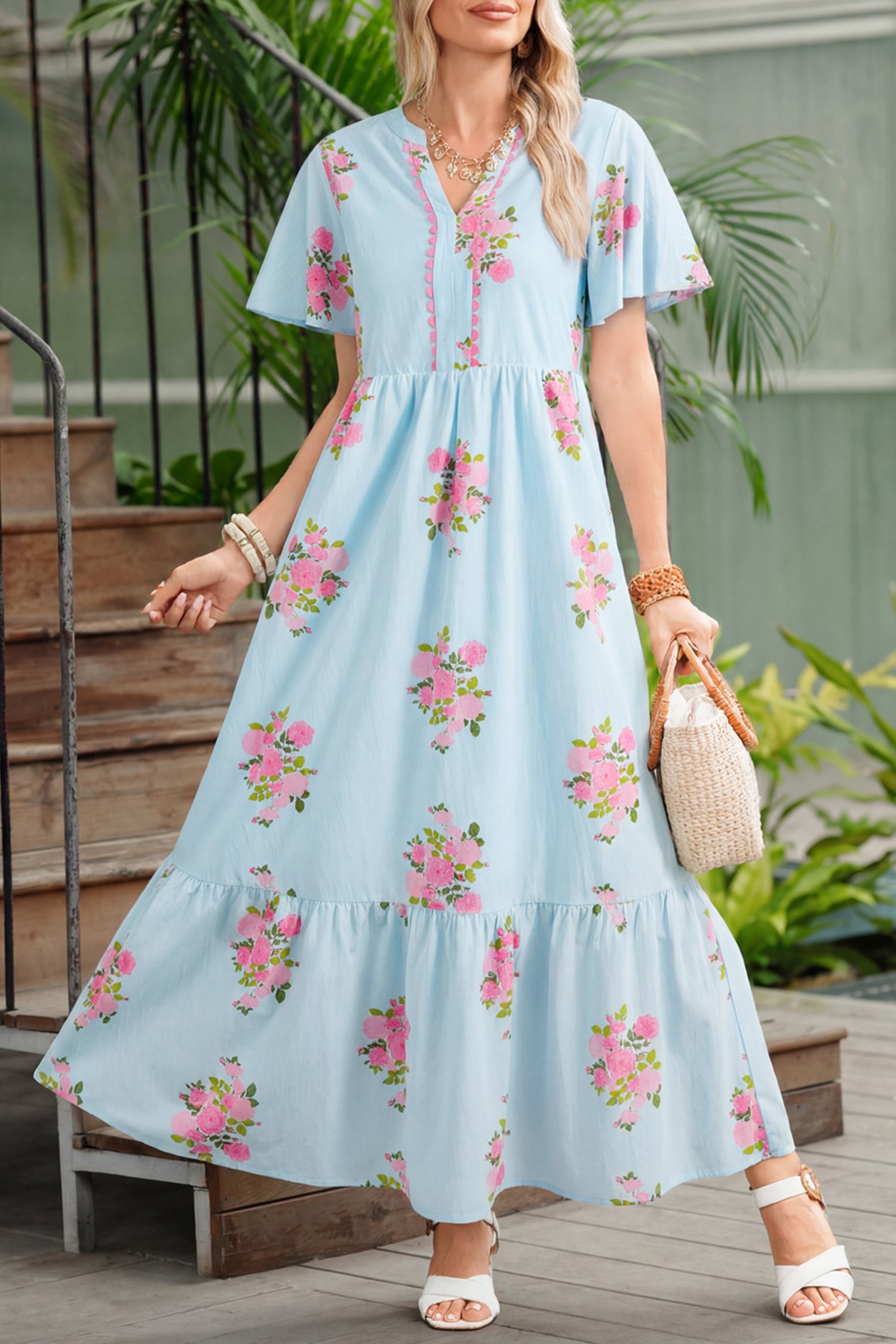 Notched Neck Flutter Short Sleeve Floral Print Maxi Dress