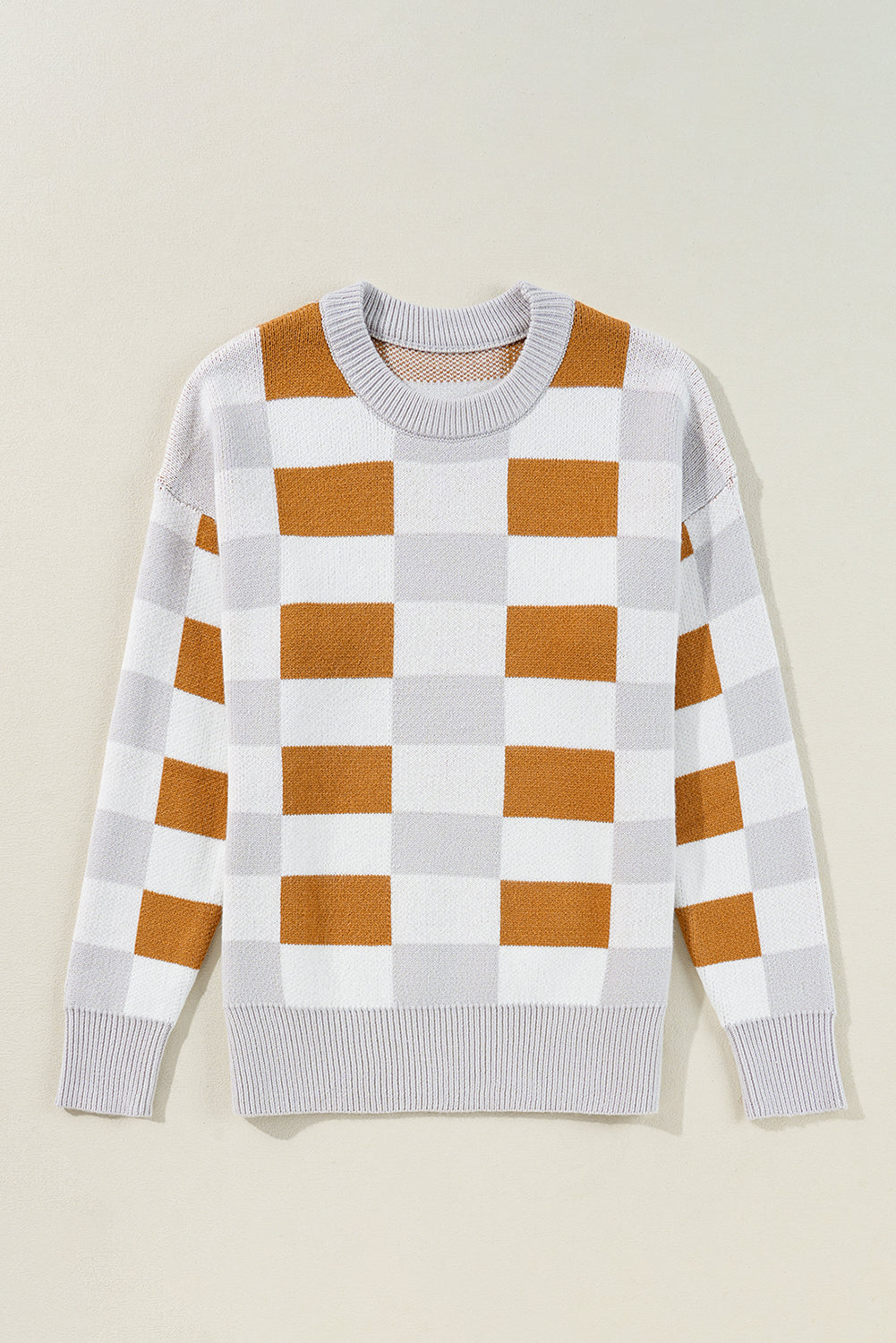 Khaki Checkered Ribbed Edge O Neck Drop Shoulder Sweater eAura