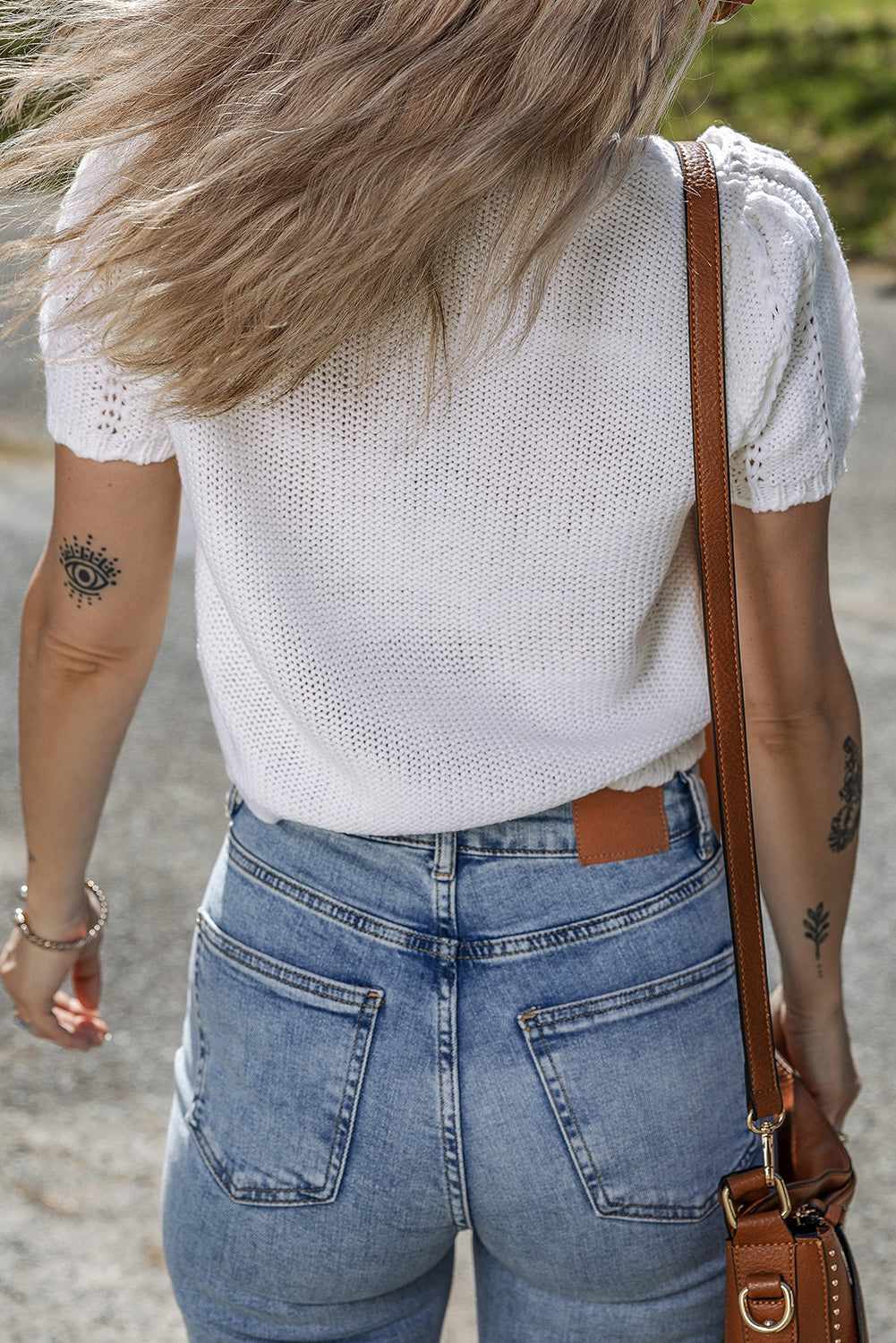 White Pointelle Knit Short Puff Sleeve Crewneck Sweater eAura