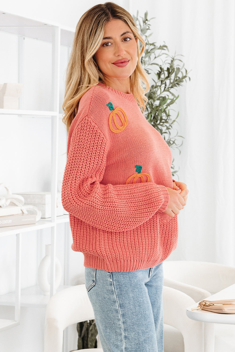 Pumpkin Embroidered Thanksgiving Holiday Sweater - Sweaters & Cardigans/Sweaters