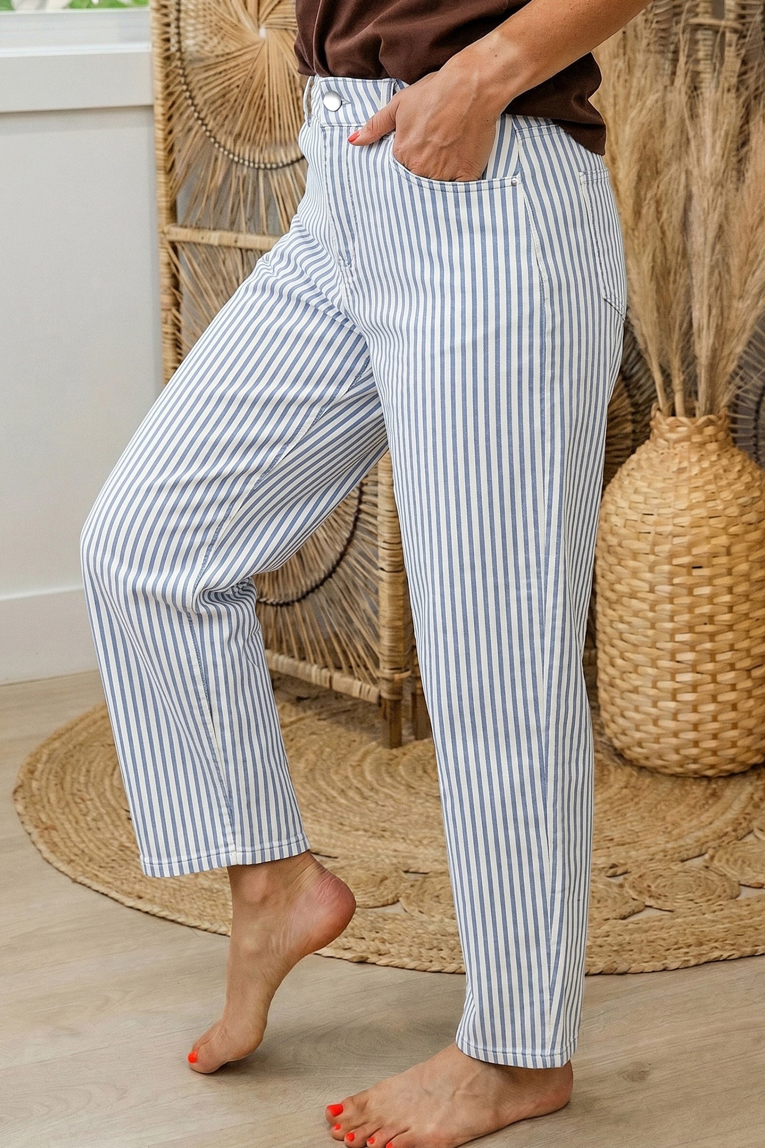 Striped Barrel Jeans – Brown, Khaki & Sky Blue