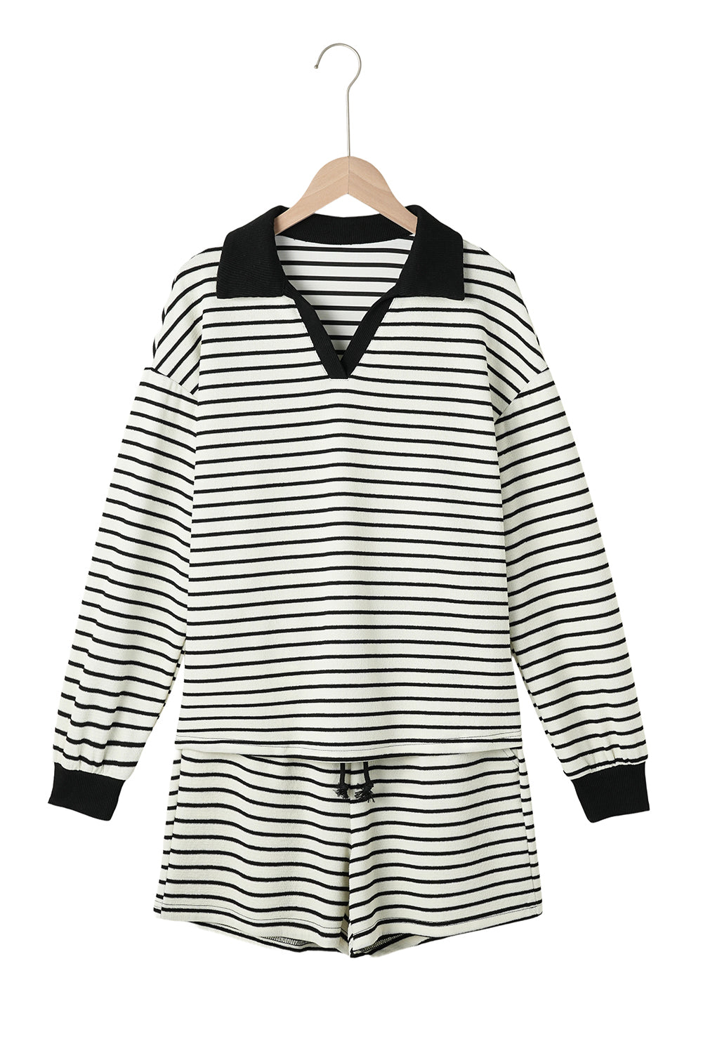 Black Stripe Collared Long Sleeve Top and Drawstring Shorts Set eAura