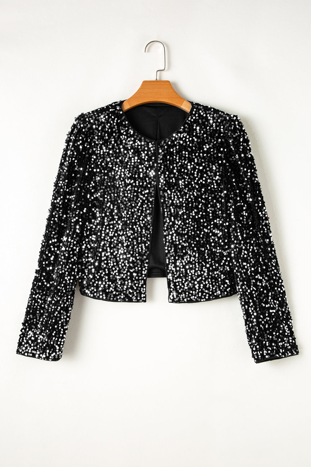 Black Sequined Open Front Cropped Jacket - eAura