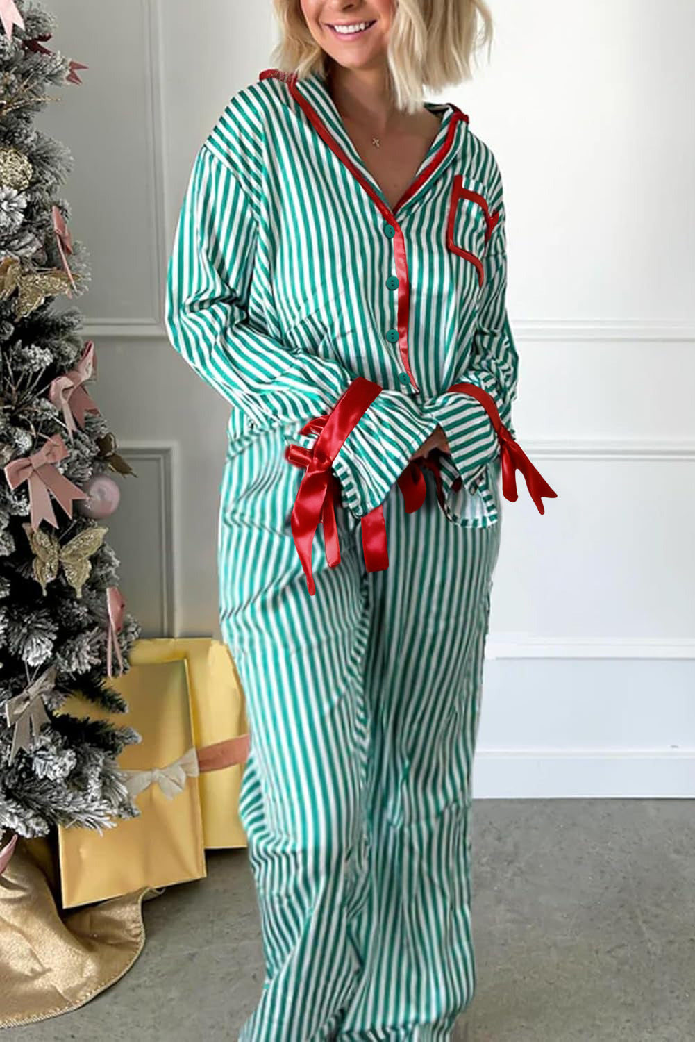 Striped Contrast Velvet Trim Bow Knot Waist Pyjama Set - eAura