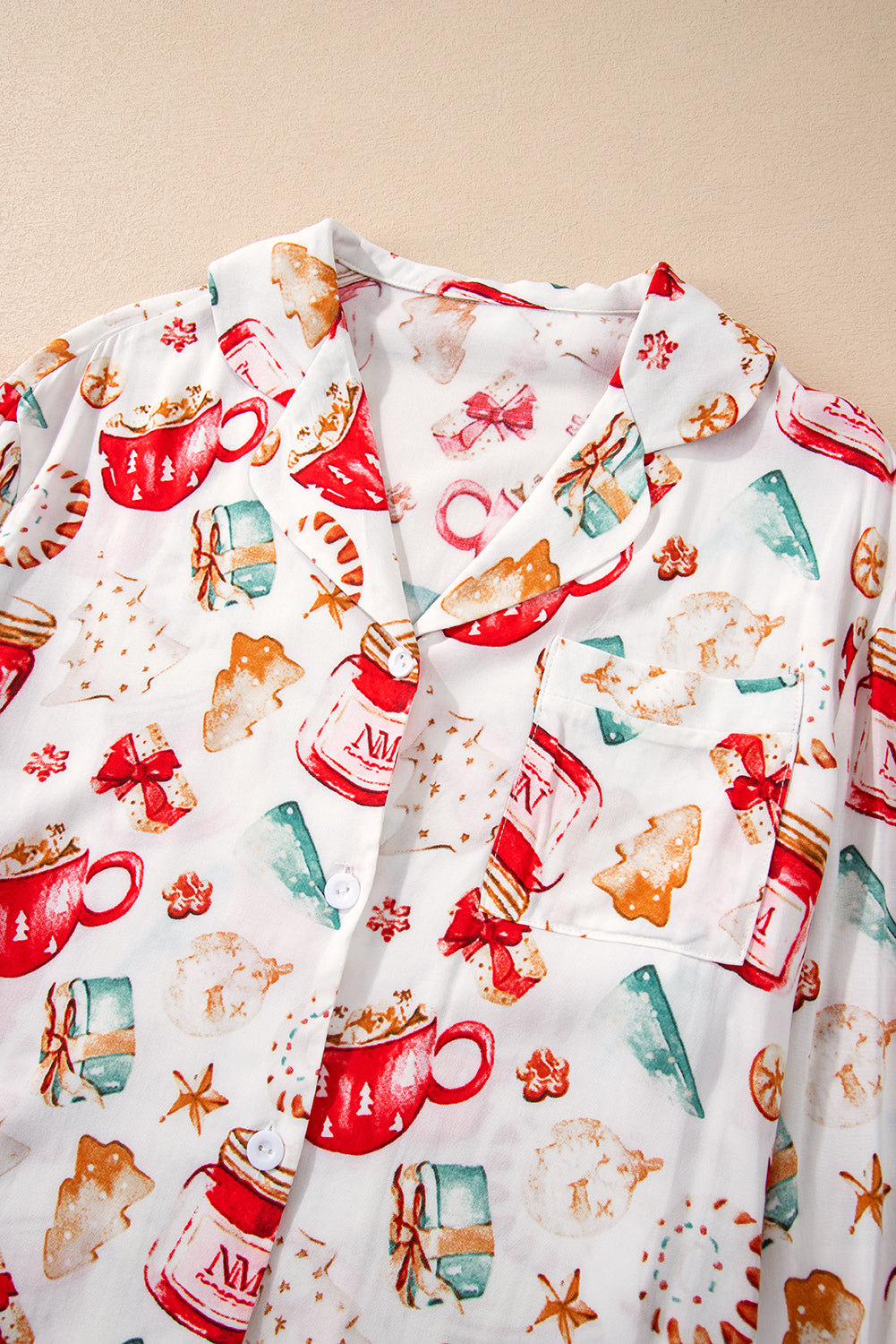 White Christmas Pattern Long Sleeve Shirt Pyjama Set eAura