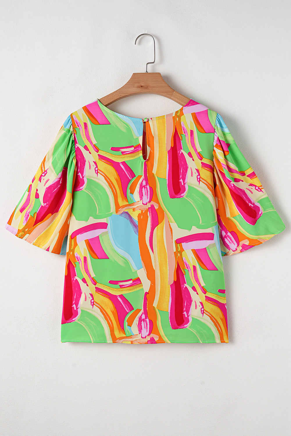 Multicolour Abstract Print Keyhole Back Pleated Half Sleeve Blouse eAura