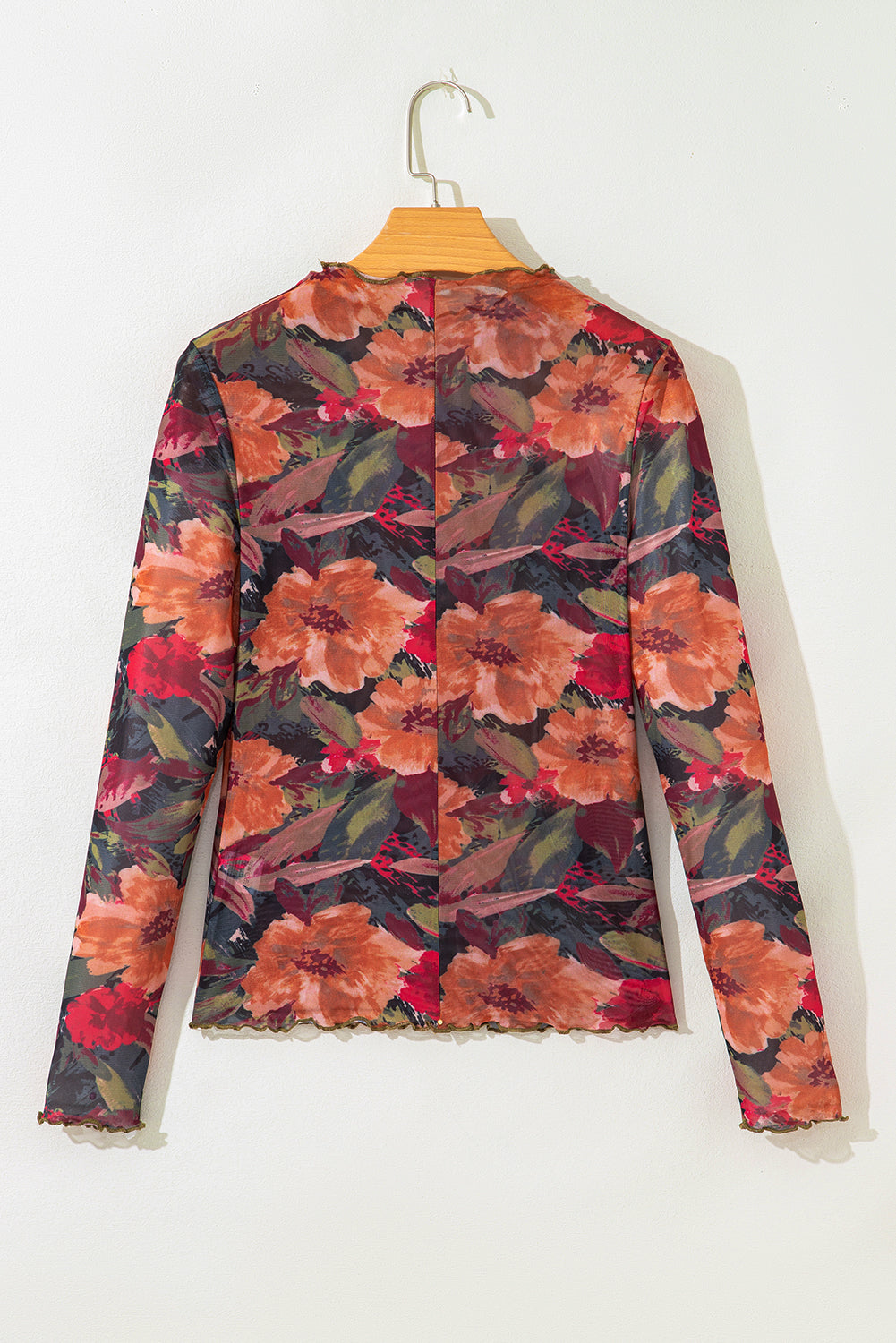 Multicolour Floral Print Lettuce Trim Long Sleeve Mesh Top - eAura