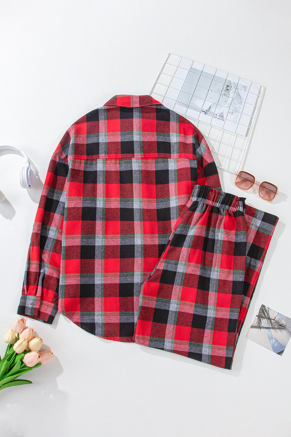Red Christmas Checkered Pattern Loose Shirt and Pants Pyjama Set - eAura