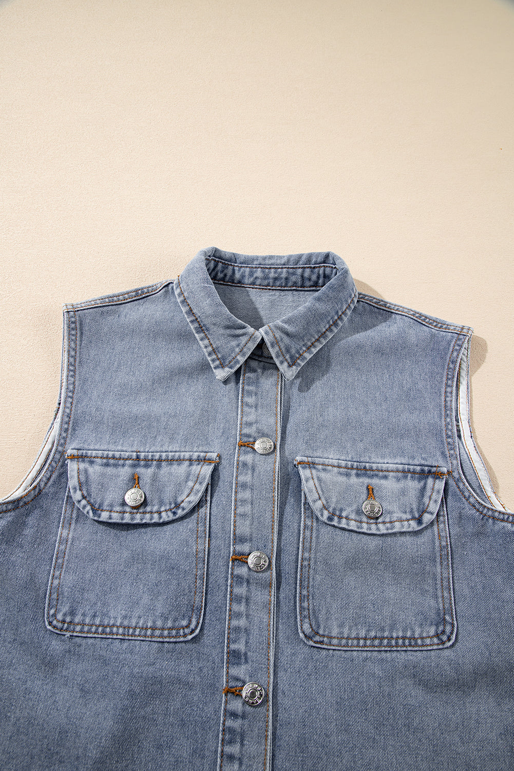 Beau Blue Denim Flap Pocket Curved Hem Shirt Vest - eAura
