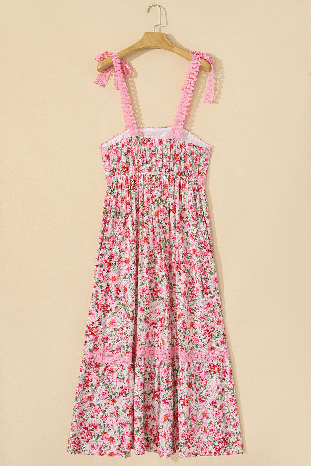 Pink Floral Lace Tied Strap Empire Waist Maxi Dress eAura