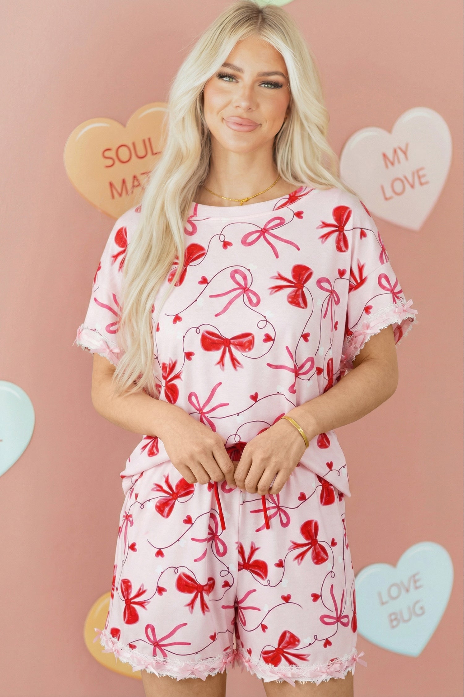 Romantic Bow Print Loose Tee Drawstring Shorts 2pcs Lounge Set – Red