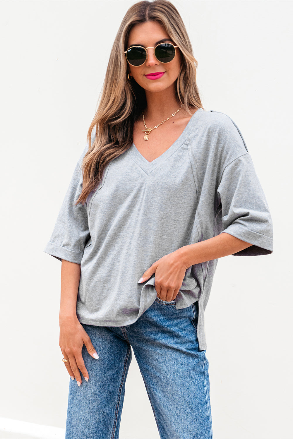 High Raglan Half Sleeve V Neck Oversized T Shirt eAura