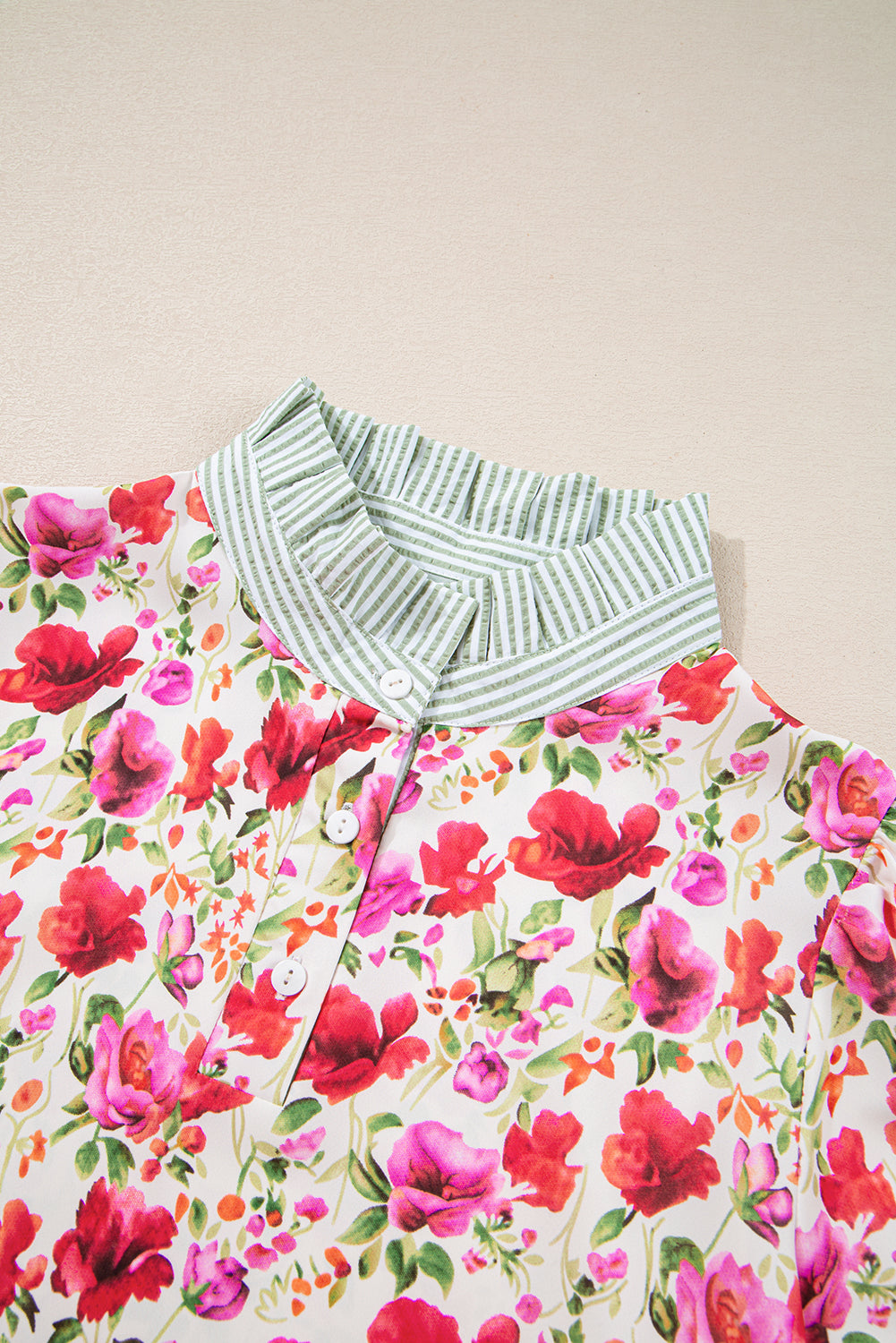 Red Floral Print Striped Patchwork Collared Short Sleeve Blouse eAura