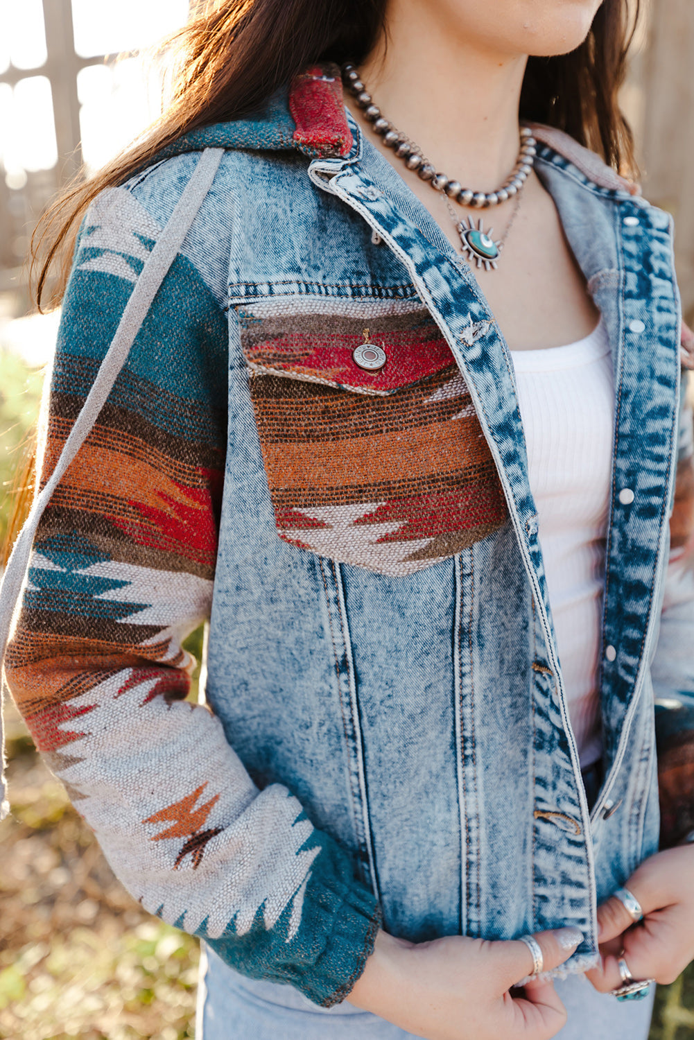Multicolour Aztec Print Frayed Hem Denim Jacket eAura