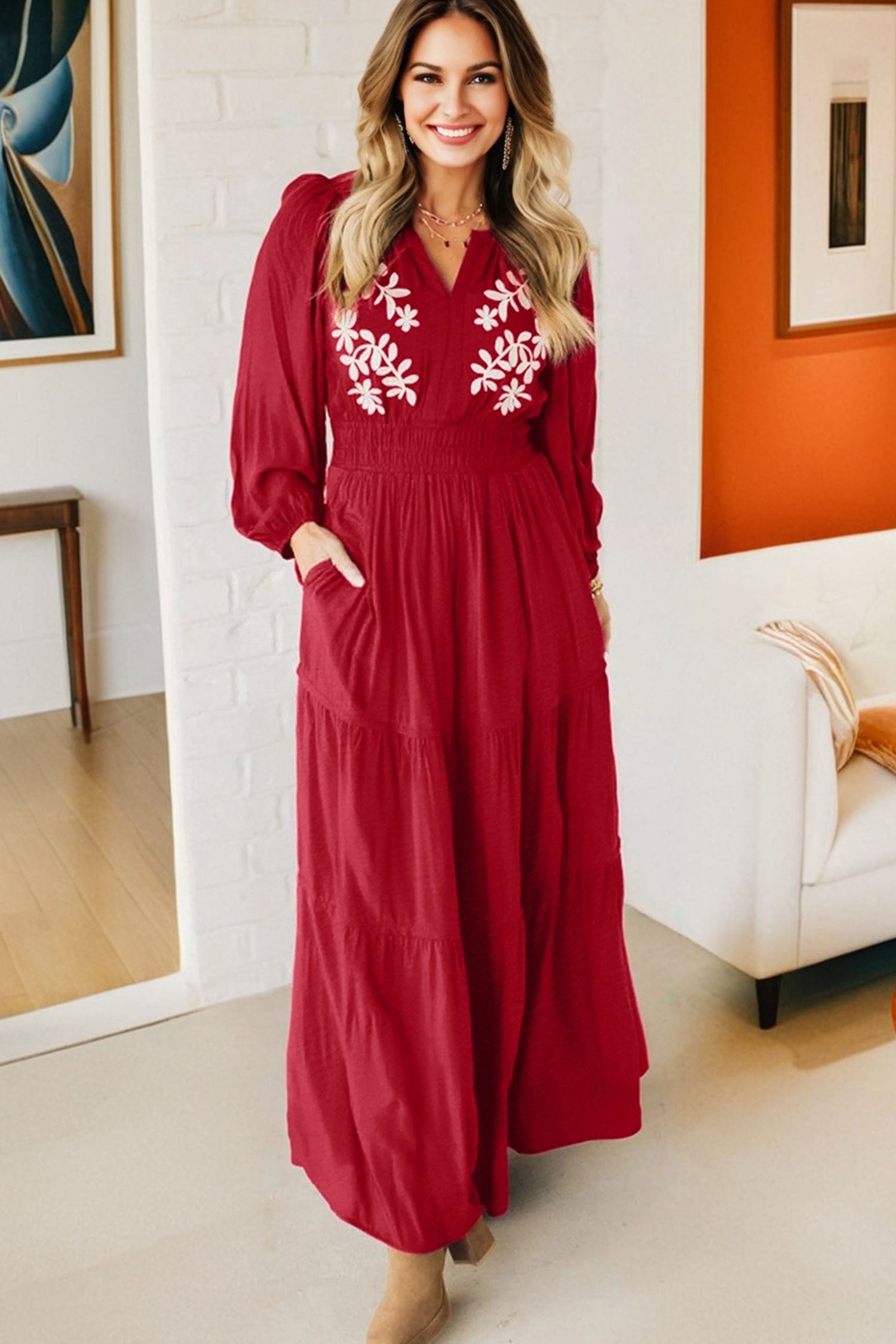 Contrast Embroidered Detail Cinched Waist Tiered Long Sleeve Maxi Dress