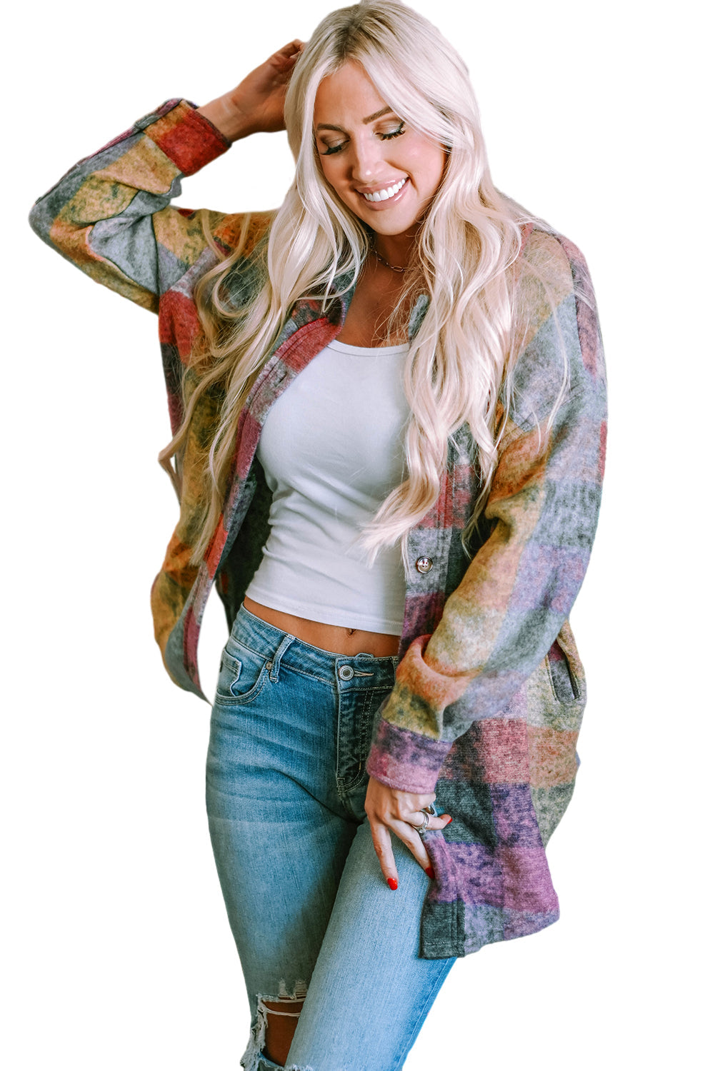 MultiColour Brushed Plaid Pocketed Oversize Shacket eAura