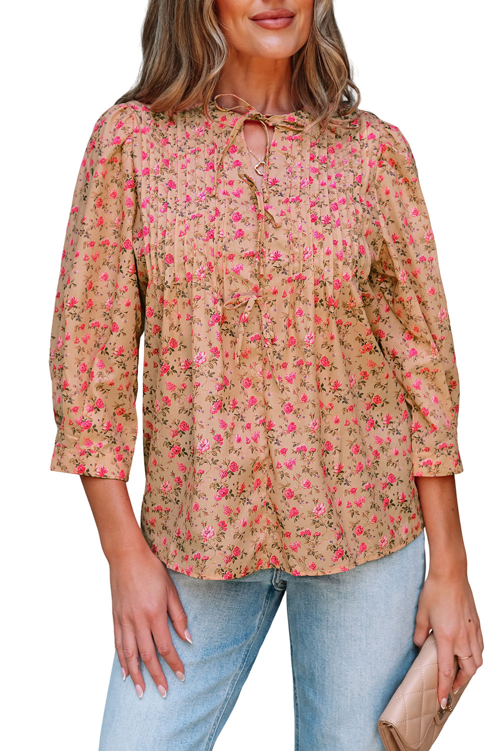 Floral Print Bow Pintuck Bust Half Puff Sleeve Blouse eAura