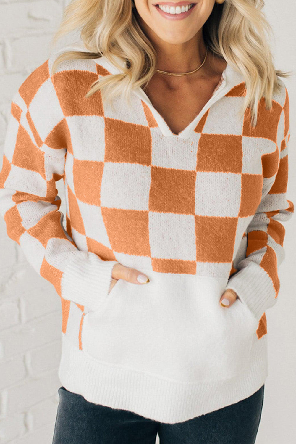 Gold Flame Checkered Split Neck Contrast Kangaroo Pocket Hoodie Sweater eAura