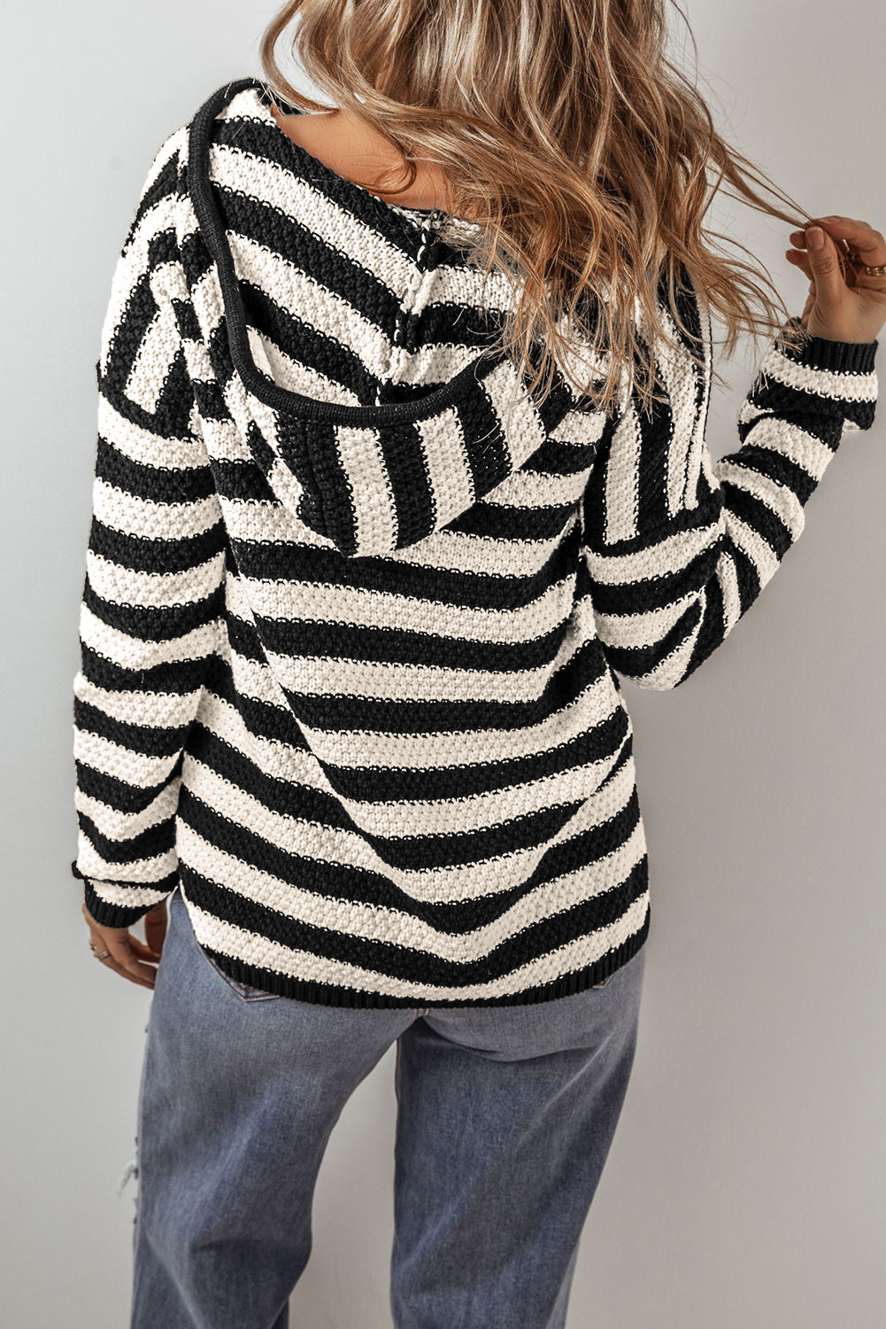 White Stripe V Neck Pocketed Drawstring Hooded Sweater eAura