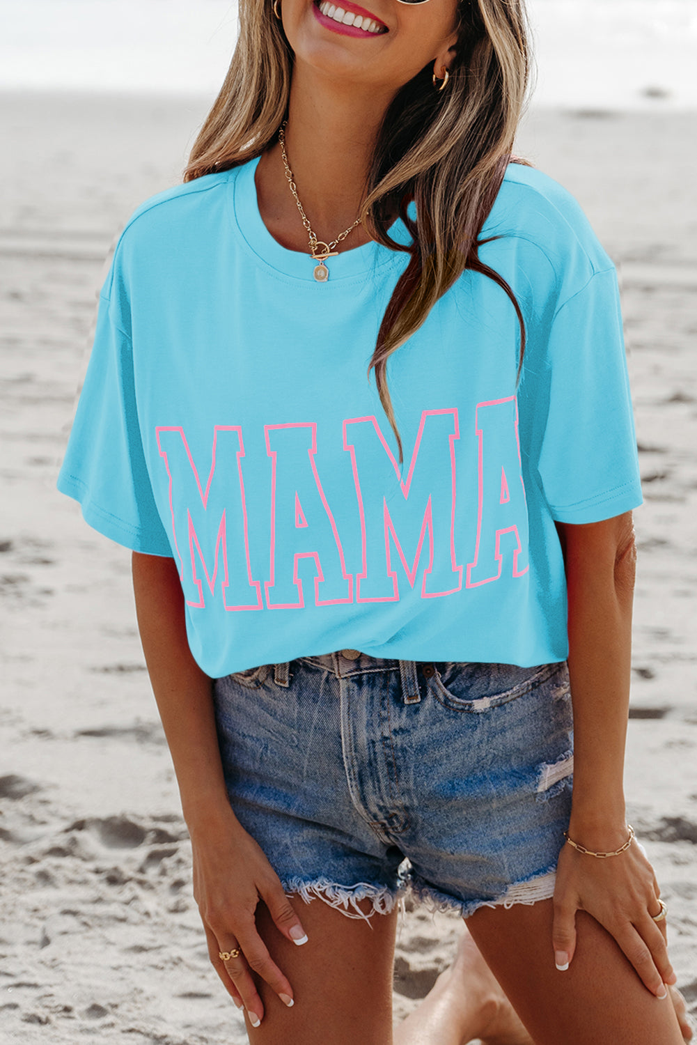 Light Blue MAMA Letter Graphic Neon T Shirt - eAura