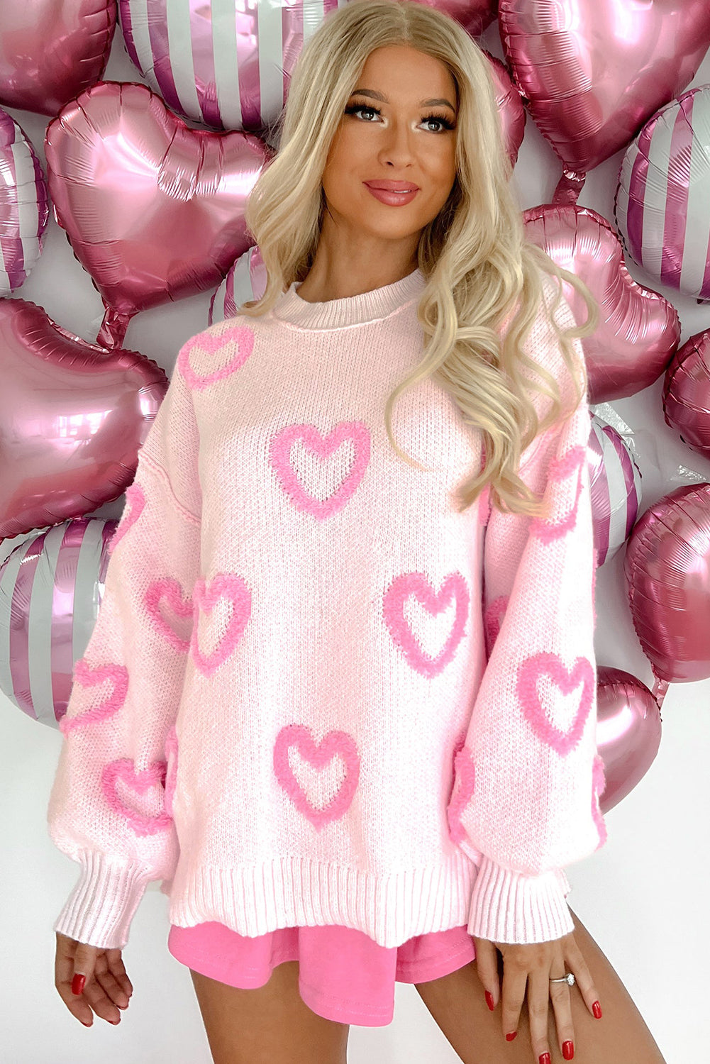 Pink Heart Shape Bubble Sleeve Baggy Sweater eAura
