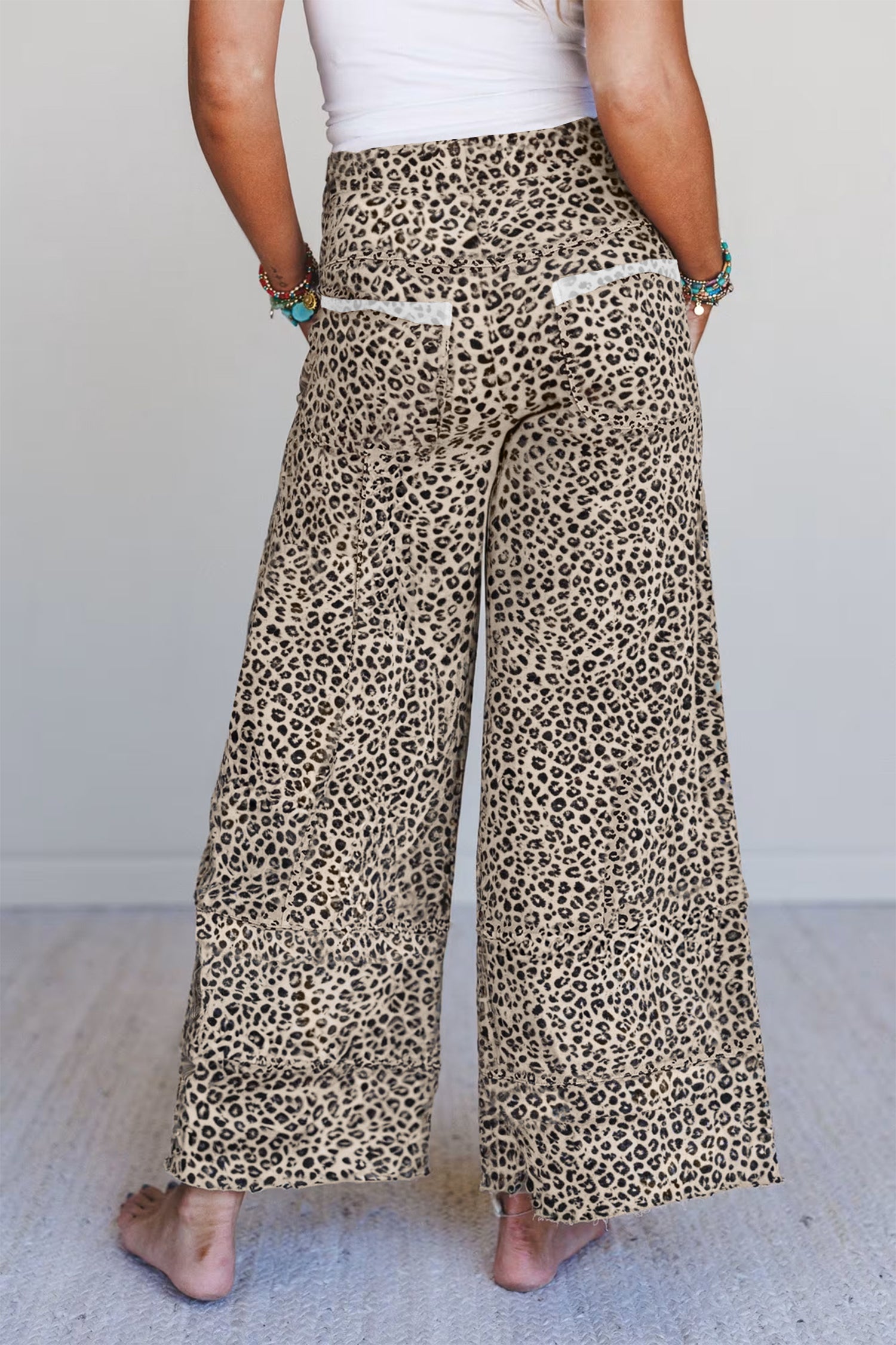 Animal Print Wide Leg Terry Knit Pants – Gray & Khaki