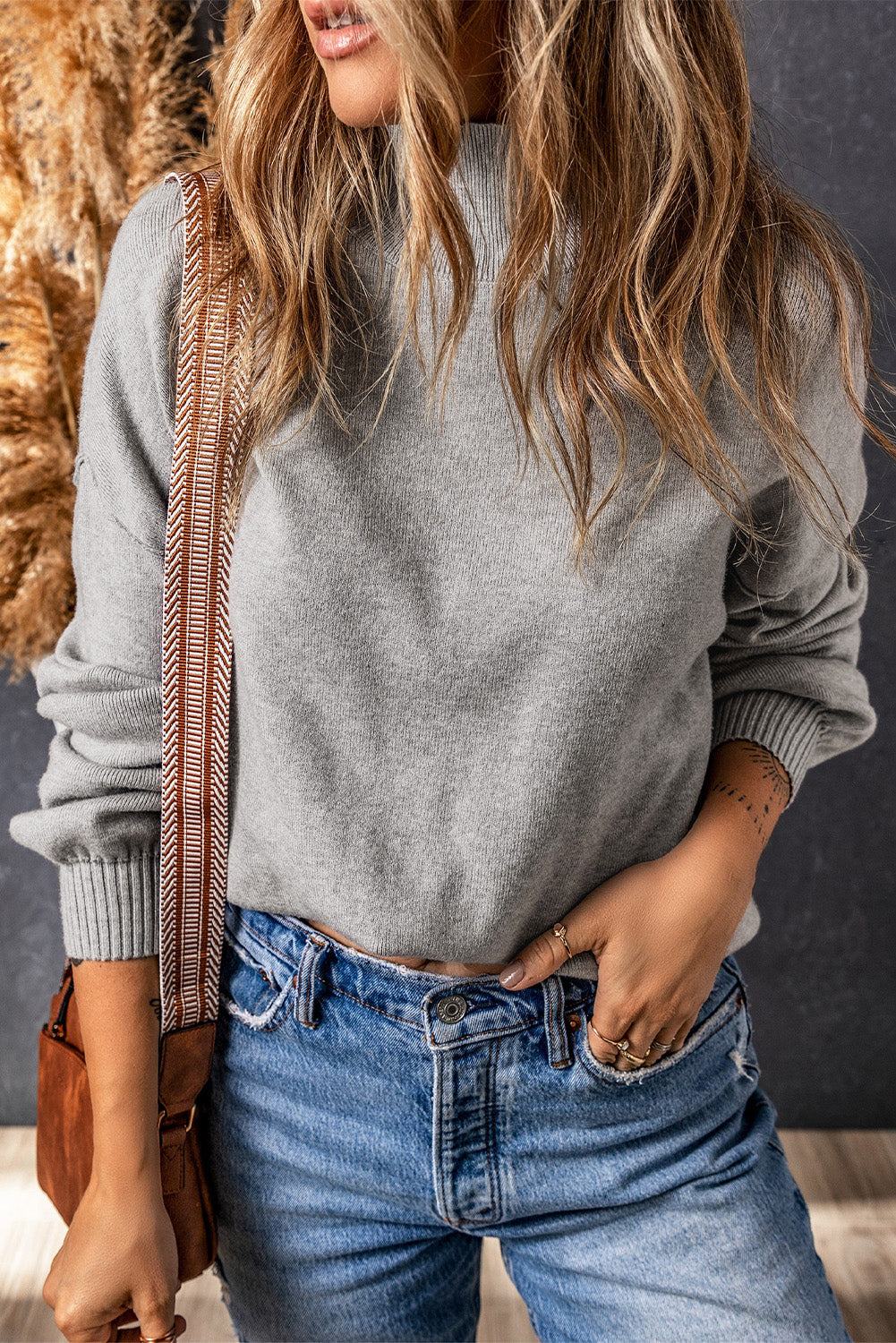 Grey Turtleneck Drop Shoulder Bubble Sleeve Knit Sweater eAura