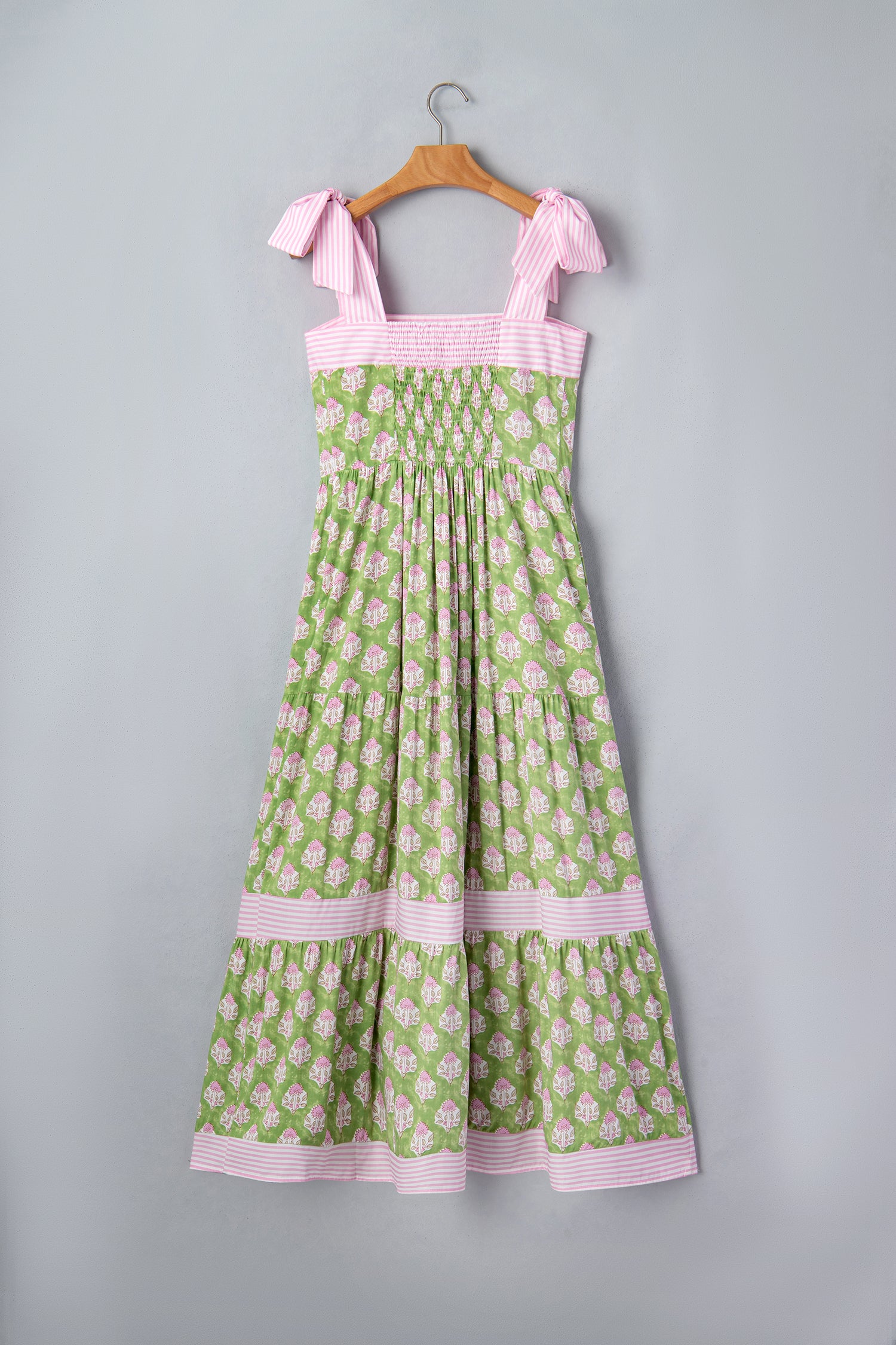 Floral Print Striped Knot Strap Maxi Dress – Green