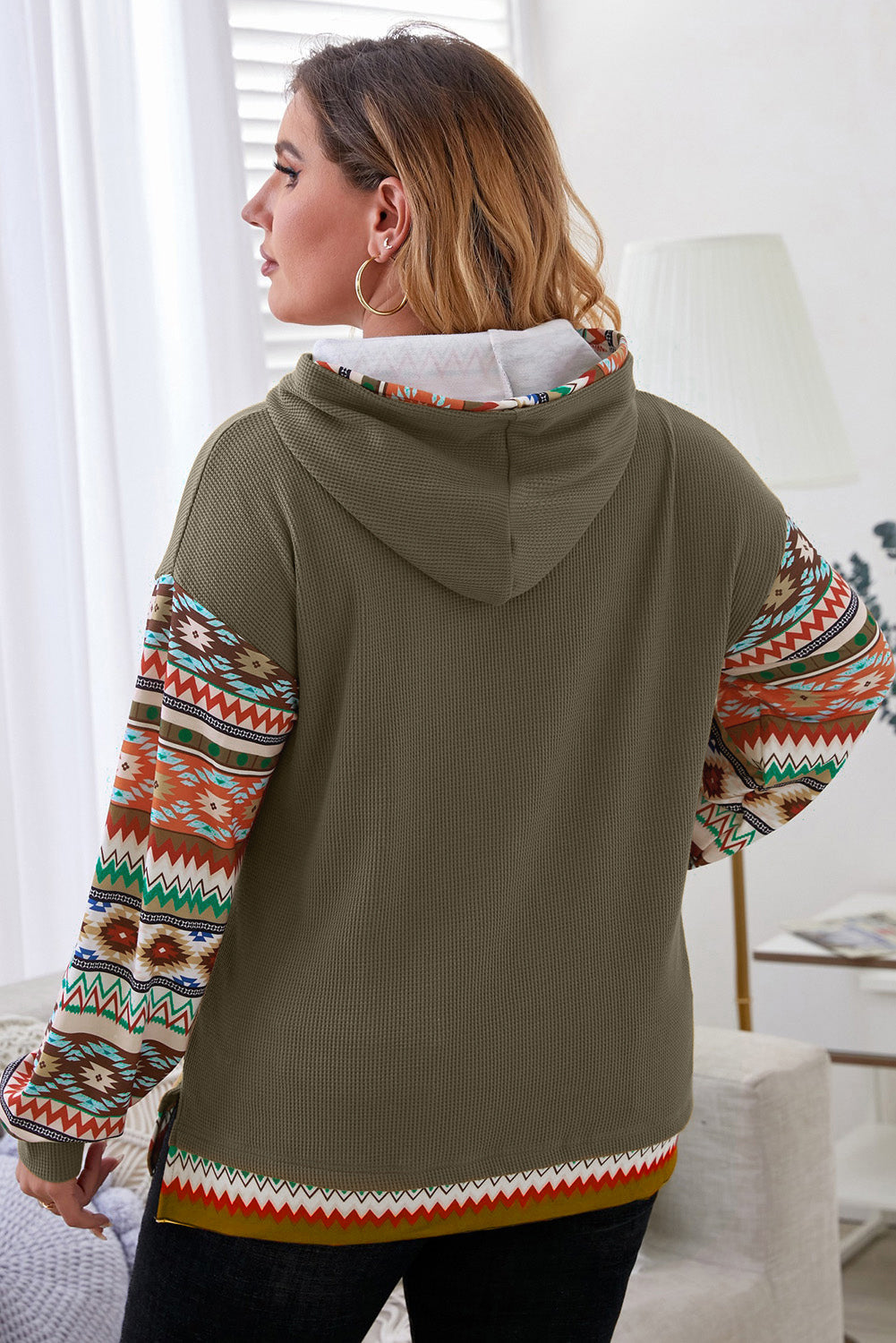 Jungle Green Aztec Patchwork Sleeve Waffle Drawstring Plus Hoodie BB Fashion Outlet
