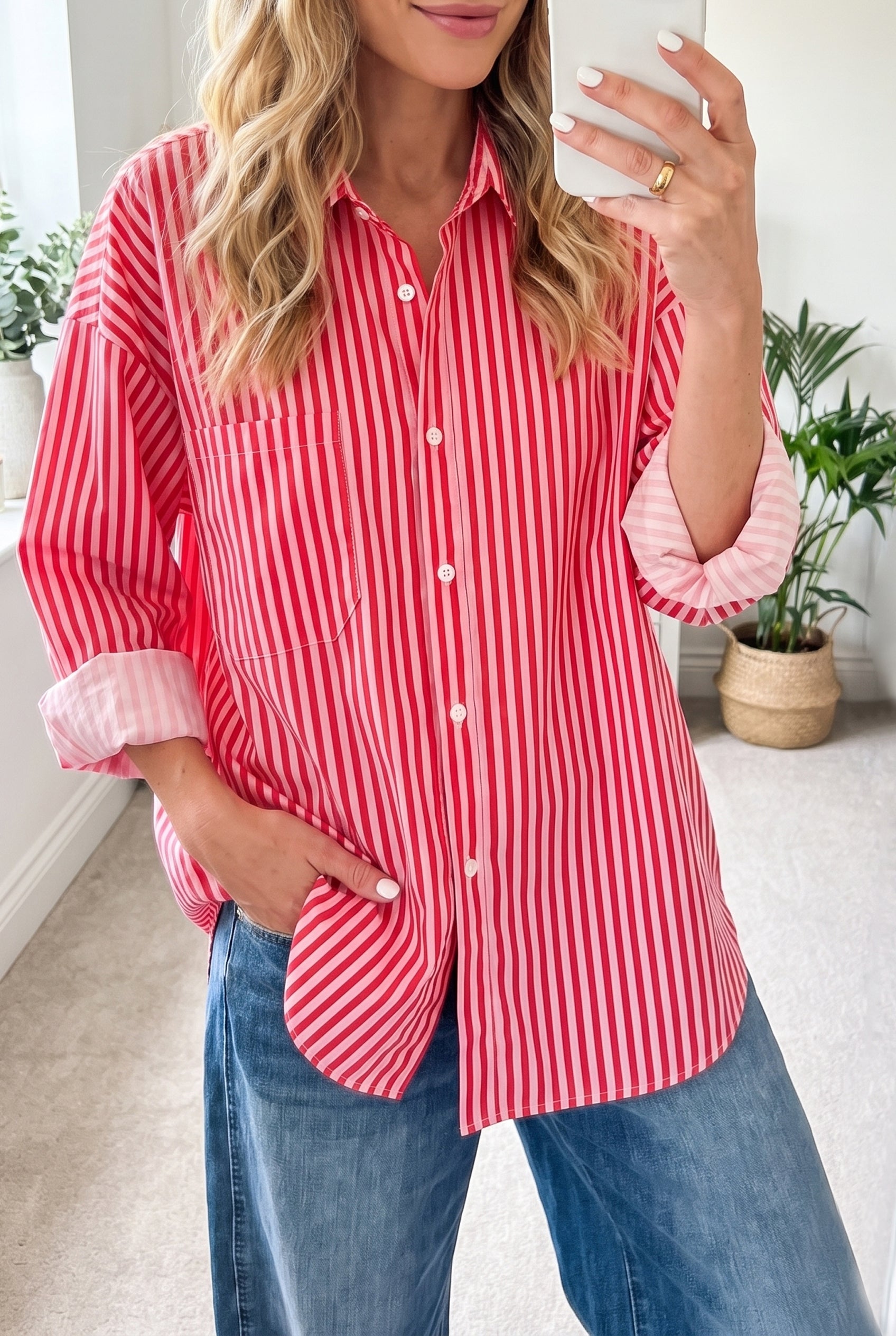 Button-Up Shirt Long Sleeve Patch Pocket Casual Shirt – Red Stripe