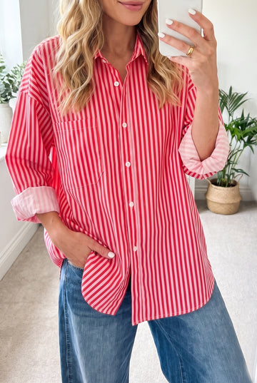 Button-Up Shirt Long Sleeve Patch Pocket Casual Shirt – Red Stripe