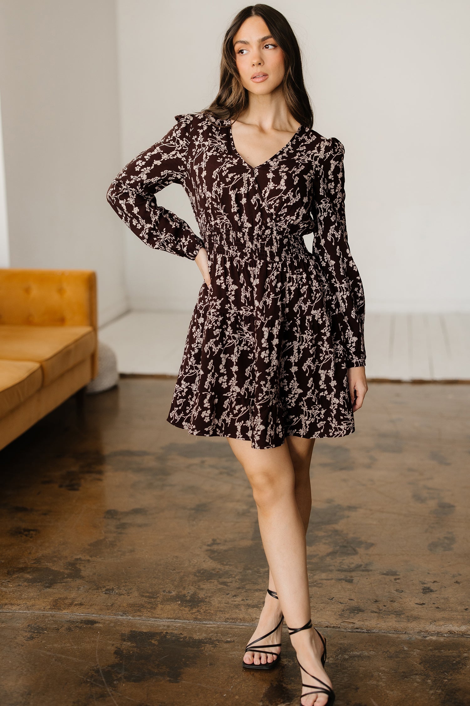Ditsy Floral Print Split Neck Long Sleeve Shirred Waist Flared Mini Dress - Dresses/Mini Dresses
