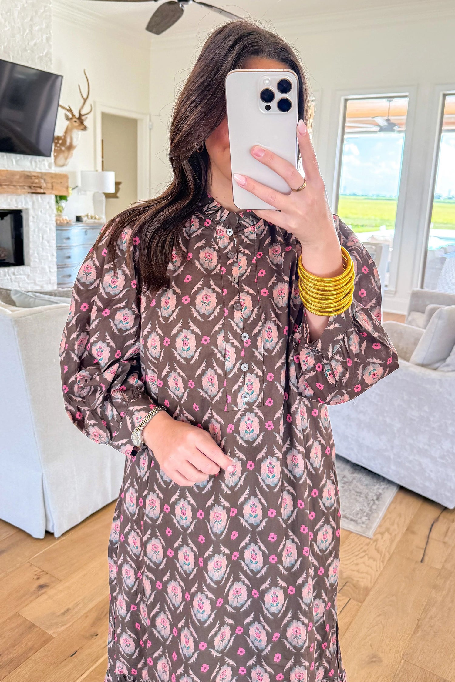Floral Print Button Front Ruffle Hem Midi Dress – Brown