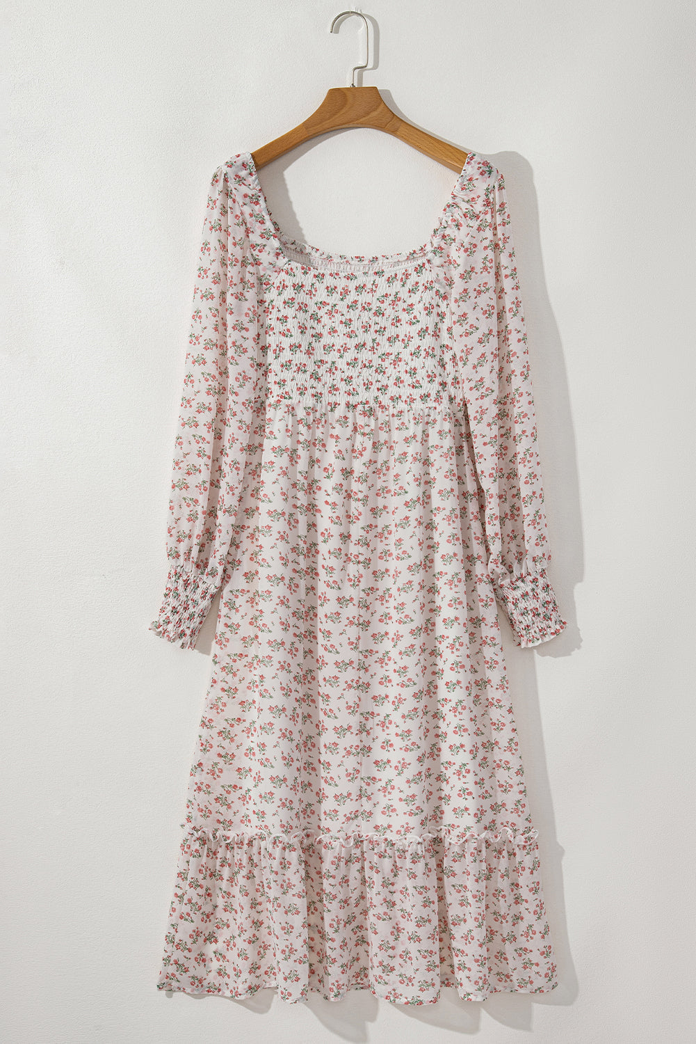 White Floral Print Shirred Ruffled Hem Square Neck Midi Dress eAura