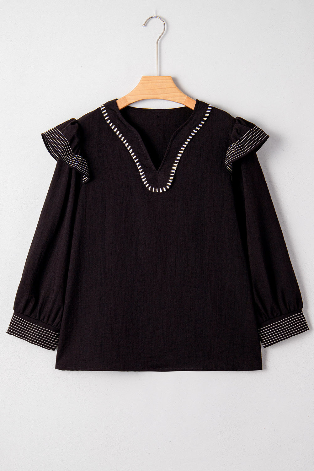 Black Contrast Stitched Detail V Neck Ruffle Long Sleeve Blouse - eAura