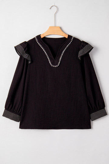 Black Contrast Stitched Detail V Neck Ruffle Long Sleeve Blouse - eAura