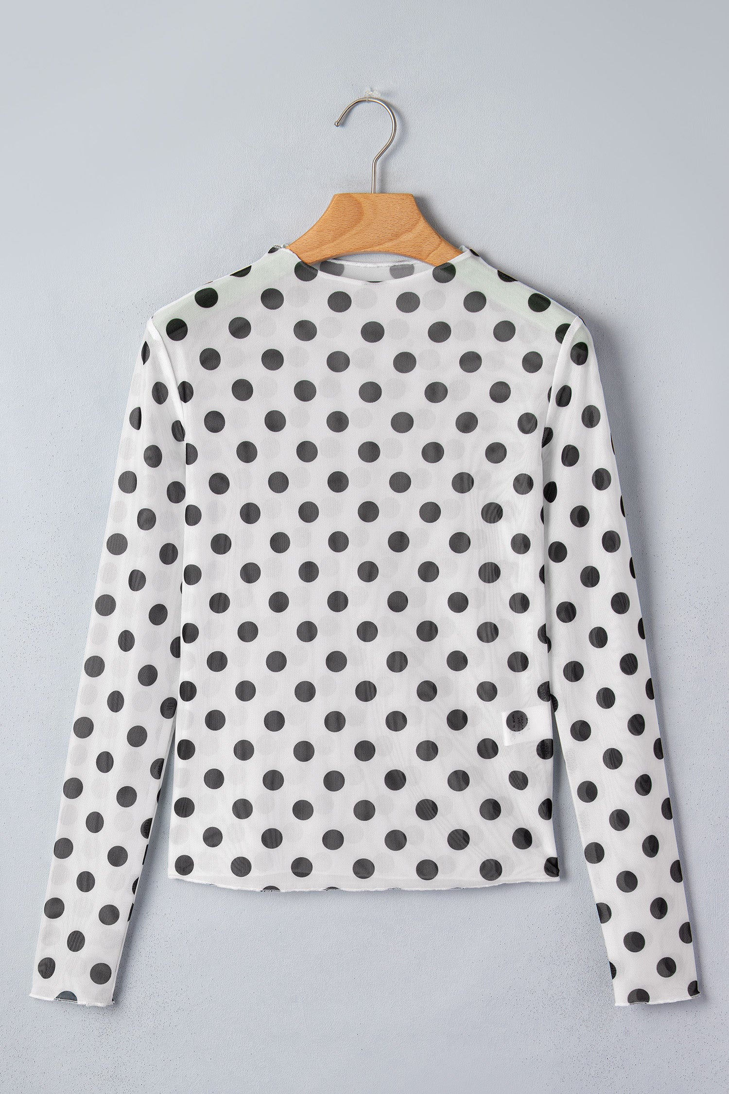 Polka Dot Mesh Long Sleeve Stand Neck Sheath Top – White