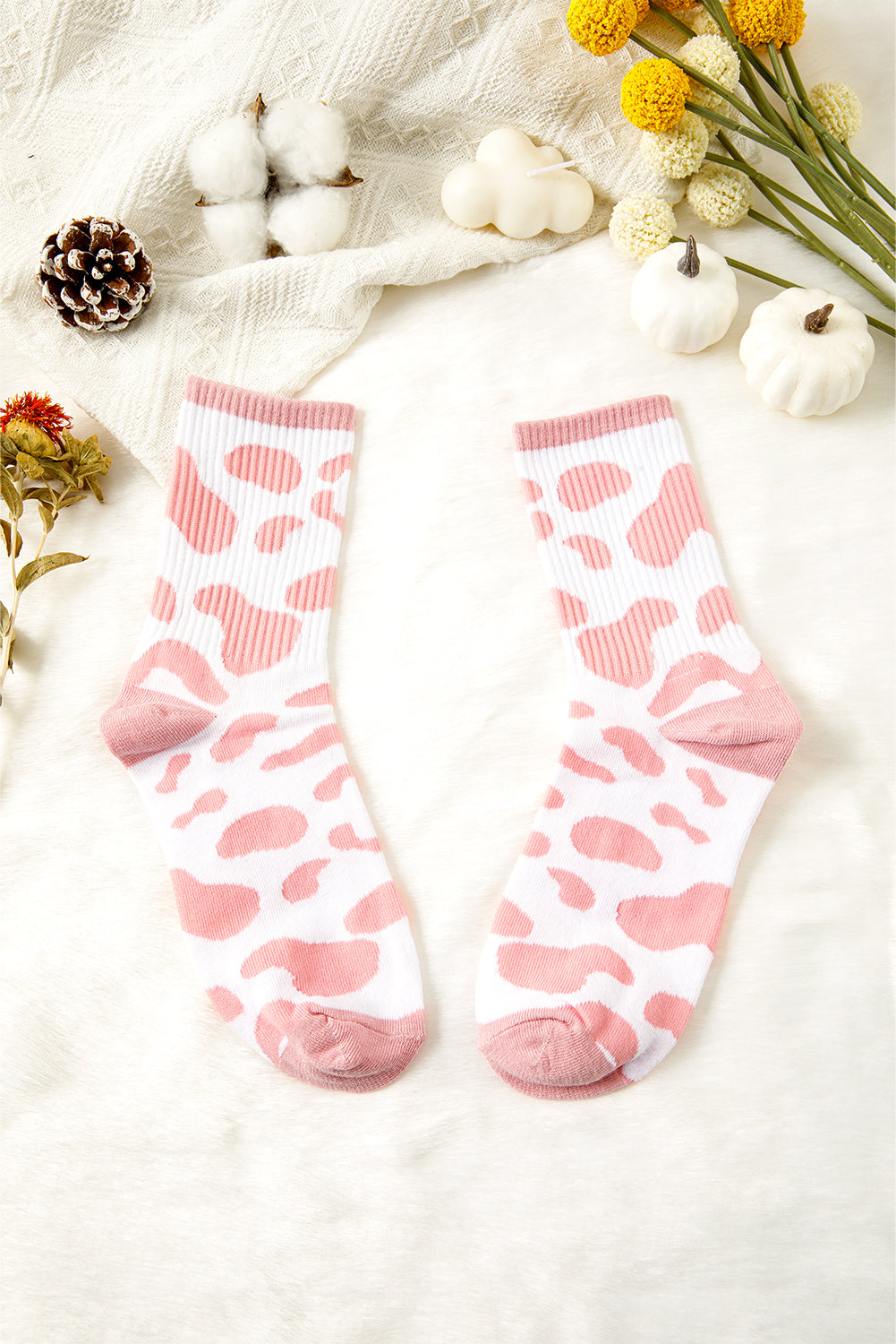 Pink Cow Print Crew Socks