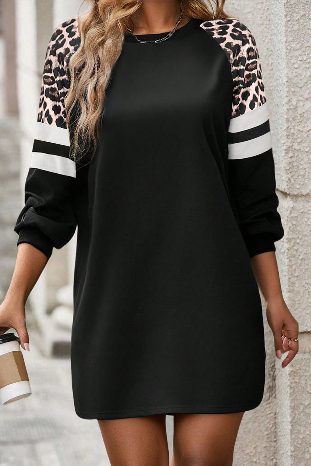 Leopard Print Patchwork Varsity Raglan Sleeve Sweatshirt Dress - eAura