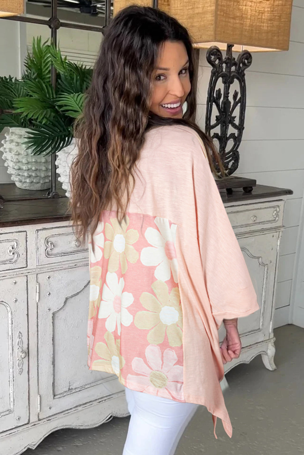 Pink Flower Patchwork Exposed Seam Oversized High Low Top eAura